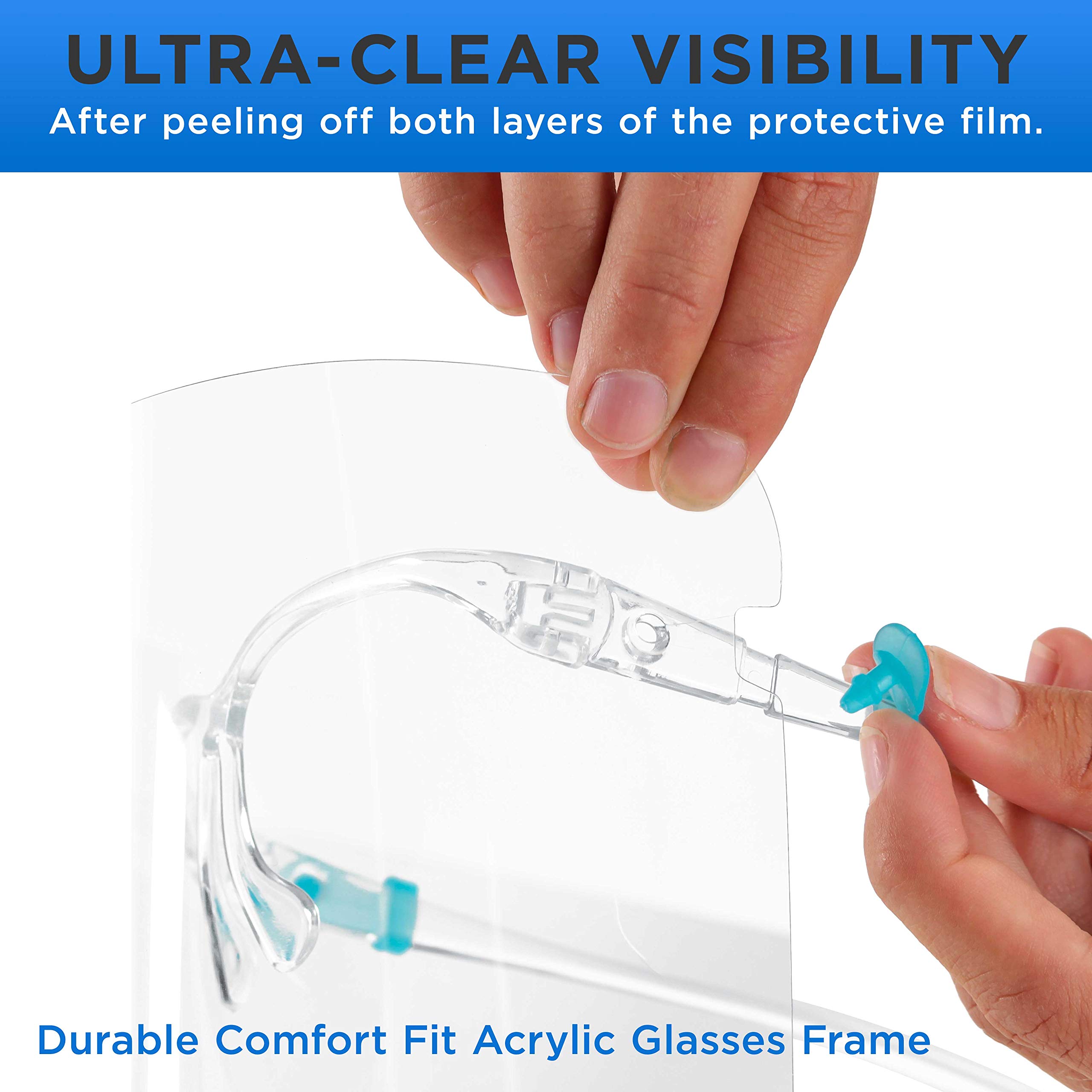 TCP Global Salon World Safety 500 Face Shields with Glasses Frames (20 Packs of 25) - Ultra Clear Anti-Fog PET Plastic Face Protection for Eyes, Nose & Mouth - Sanitary Droplet Guard for Salon, Medical, Construction & Industrial Use