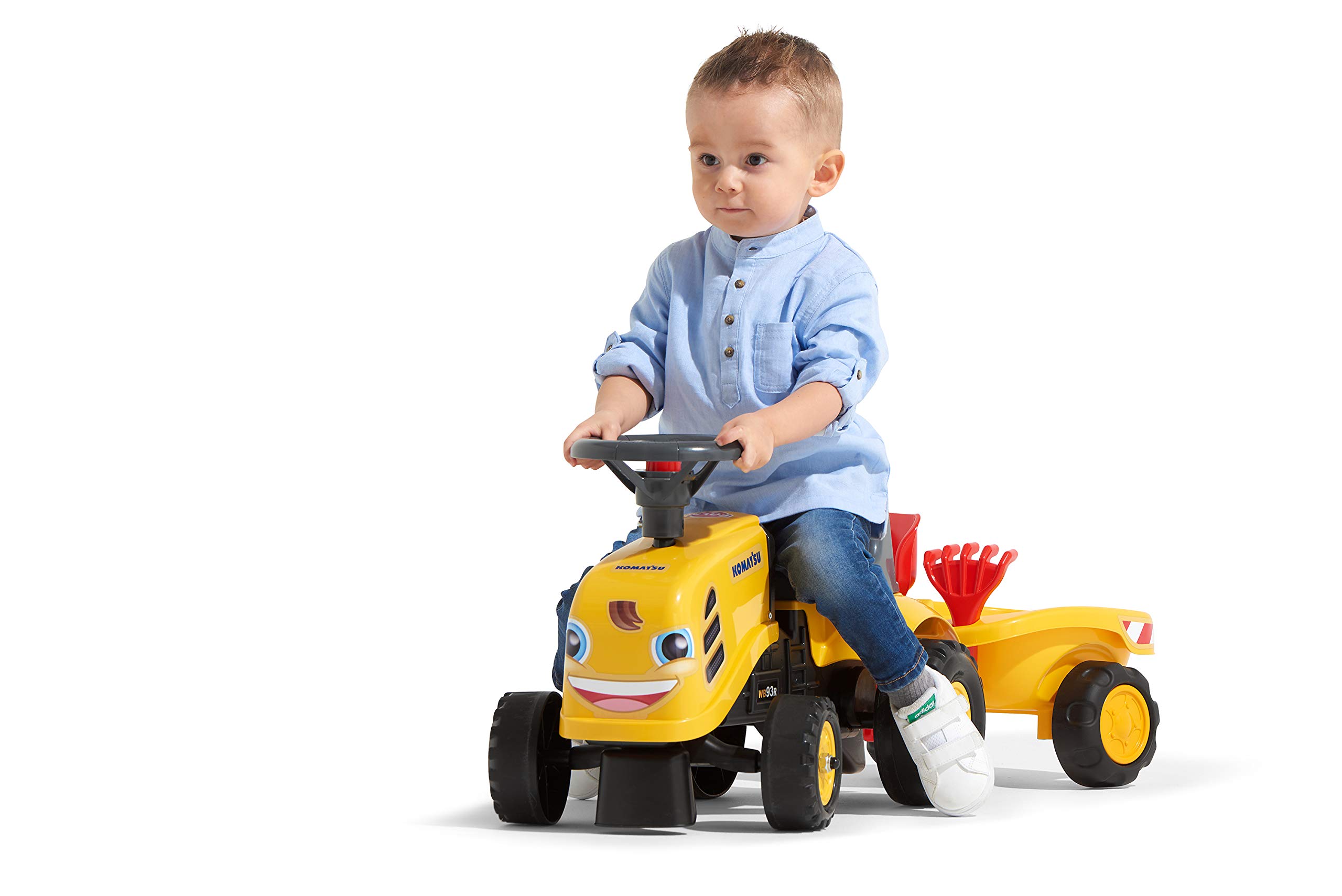 Komatsu Tractor Toy with Trailer, Rake & Shovel - 2 Sticker Sets - Push Ride-On Toy for Toddlers 1+ Years - FA286C - Fun Farm & Construction Pretend Play for Kids