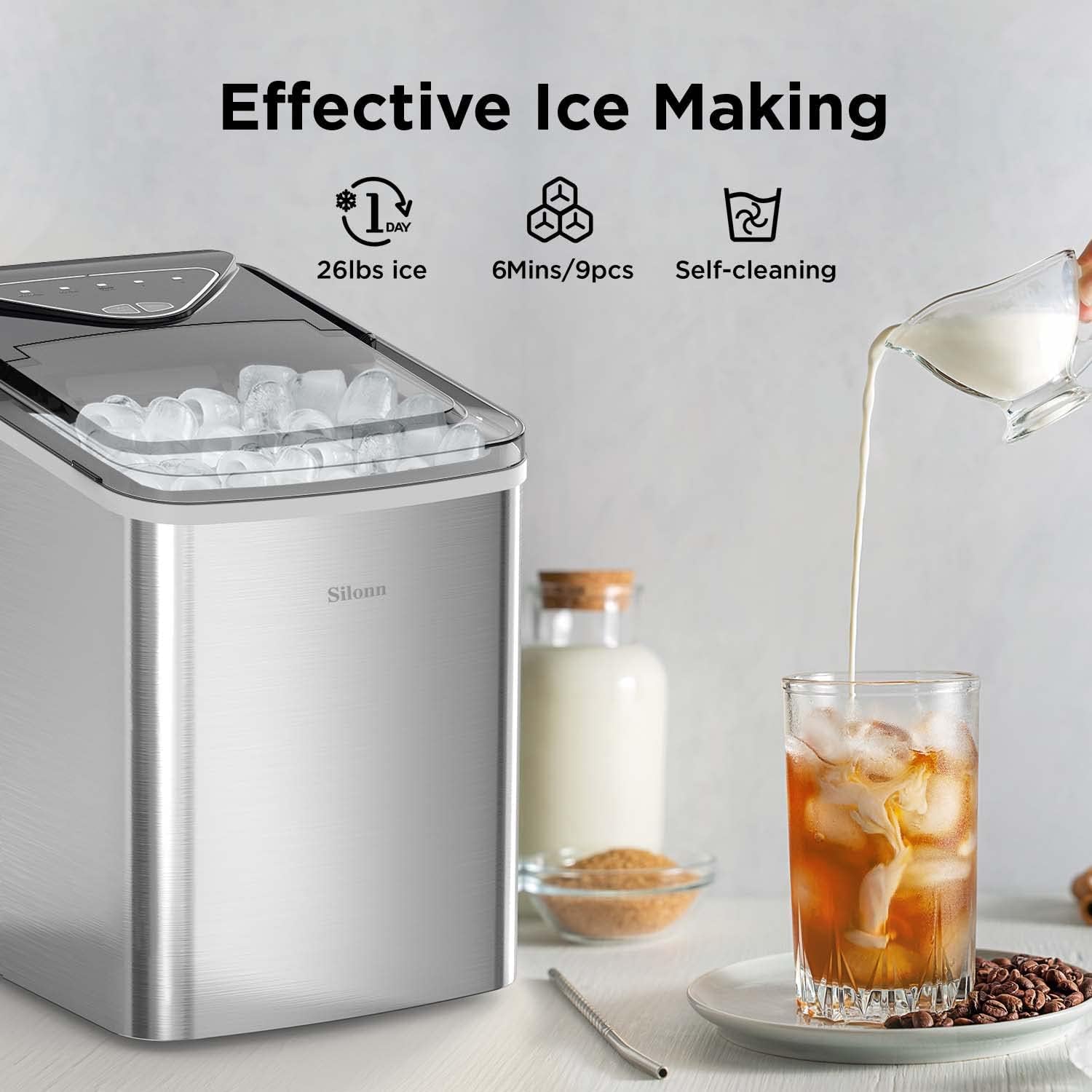 Countertop Ice Maker Machine - 9 Ice Cubes in 6 Minutes, 26lbs/24Hrs, Portable & Self-Cleaning with 2 Bullet-Shaped Ice Sizes - Perfect for Home Kitchen, Office, Bar, Party & Outdoor Gatherings