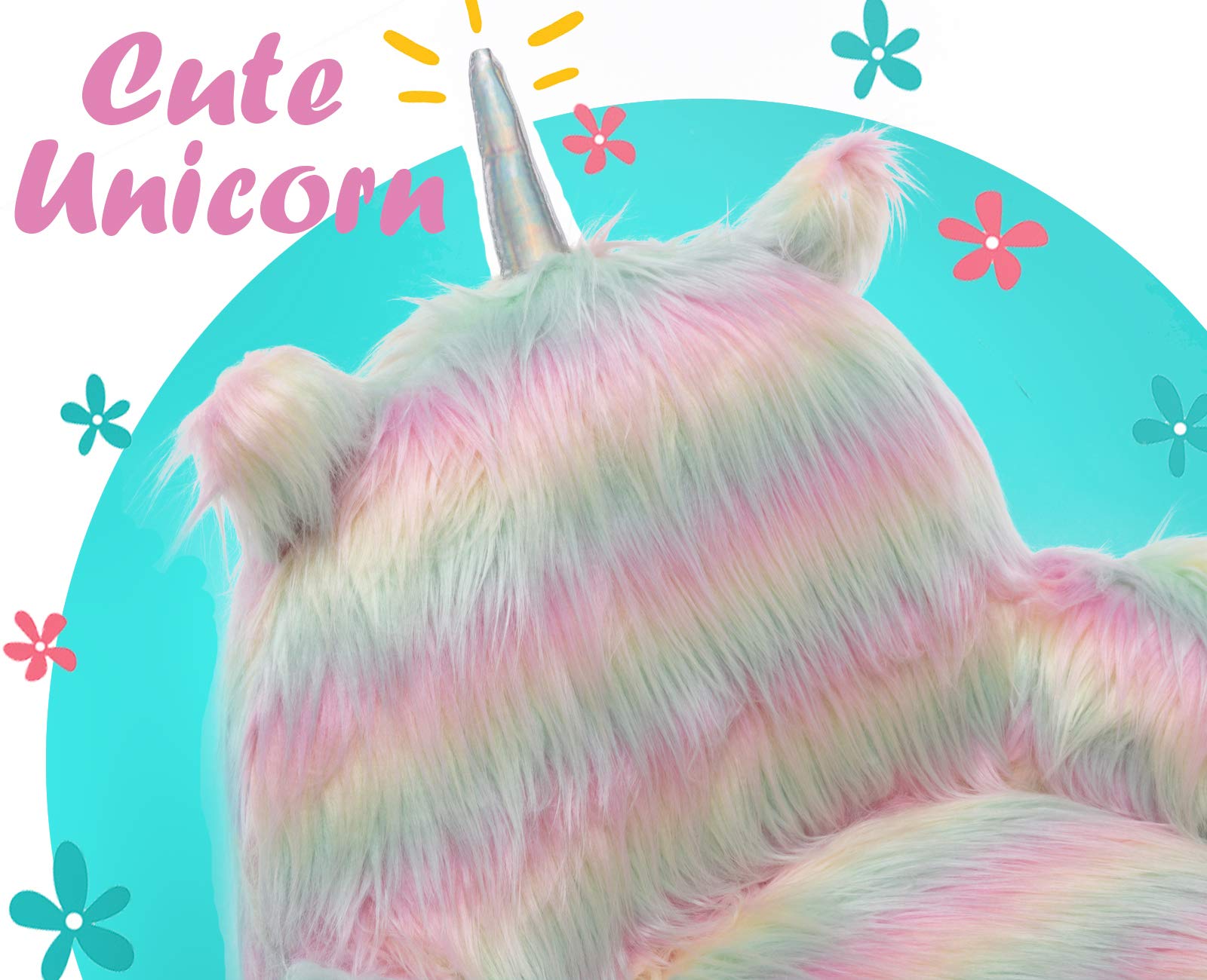 **Ergonomic Swivel Rolling Unicorn Kids Desk Chair with Arms - Rainbow Faux Fur Computer Chair for Girls, Perfect for Study, Reading & Vanity Desks**