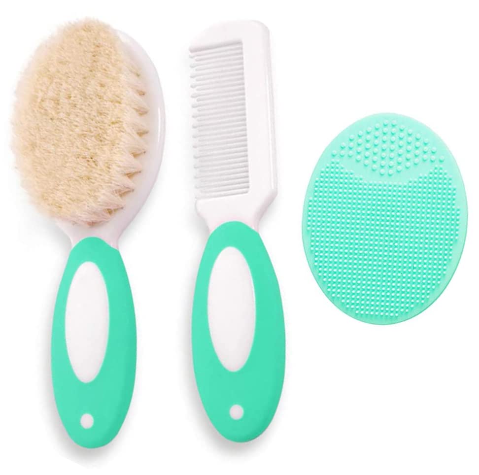 3-Piece Baby Hair Brush and Comb Set - Soft Goat Bristle Brush for Newborns & Toddlers, Cradle Cap Brush with Silicone Bath Brush & Plastic Comb - Gentle Hair Care for Infants, Kids (Perfect for Daily Grooming and Bath Time)