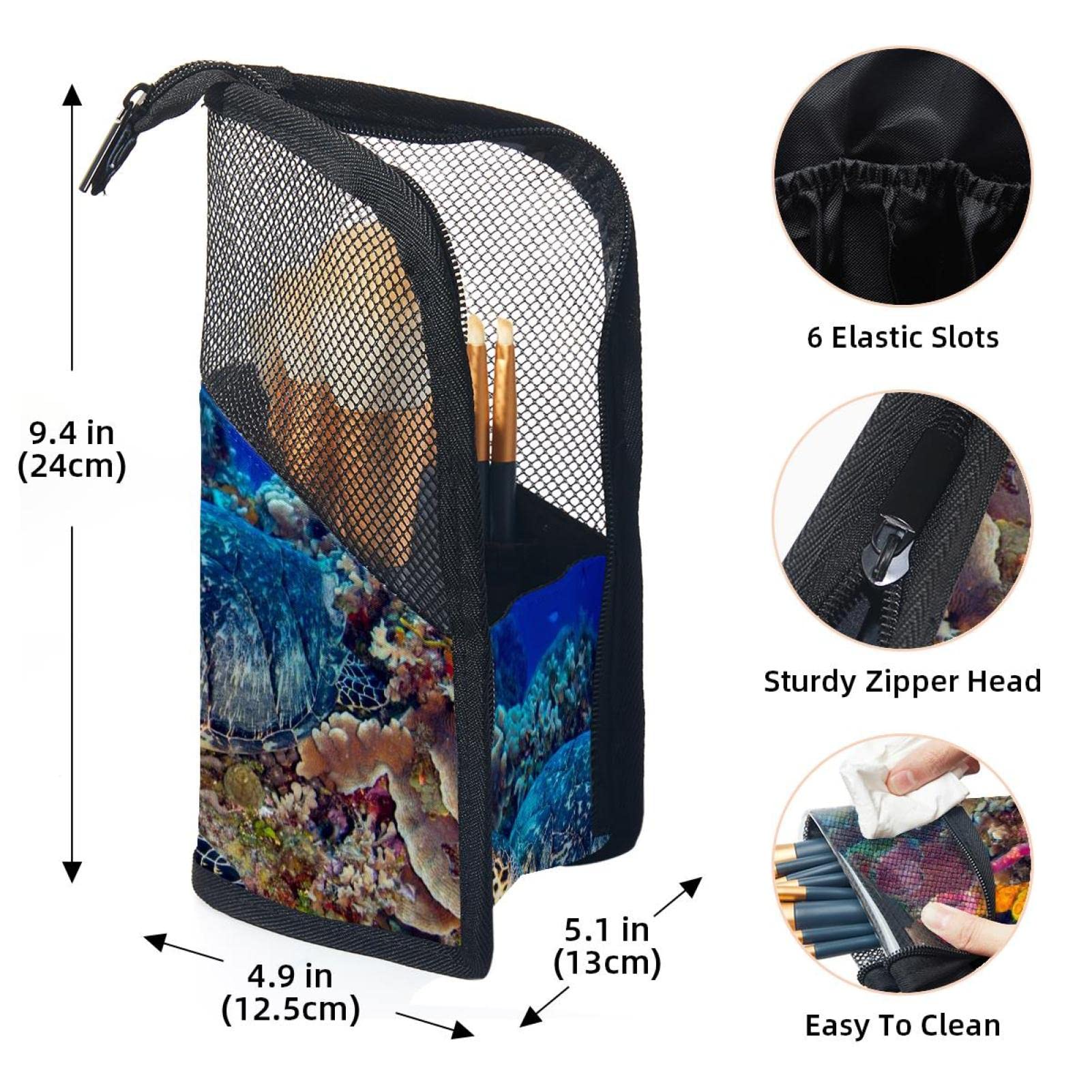 12-Piece Makeup Brush Organizer Bag with Ocean Coral Sea Turtle Design - Portable Waterproof Cosmetic Brush Holder Case for Travel & Home Storage
