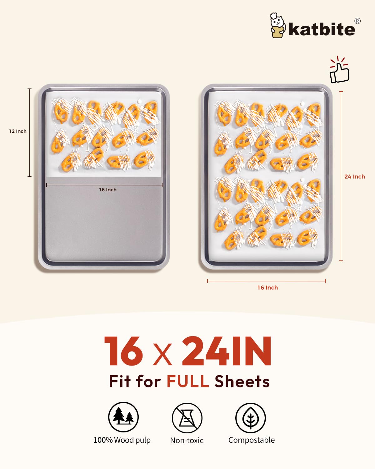 Katbite 16x24 Inch Heavy Duty Parchment Paper Sheets - 100Pcs Precut Non-Stick Baking Paper for Oven, Grill & Air Fryer | Perfect for Cookies, Roasting, Steaming & Meal Prep | Commercial & Home Kitchen Use