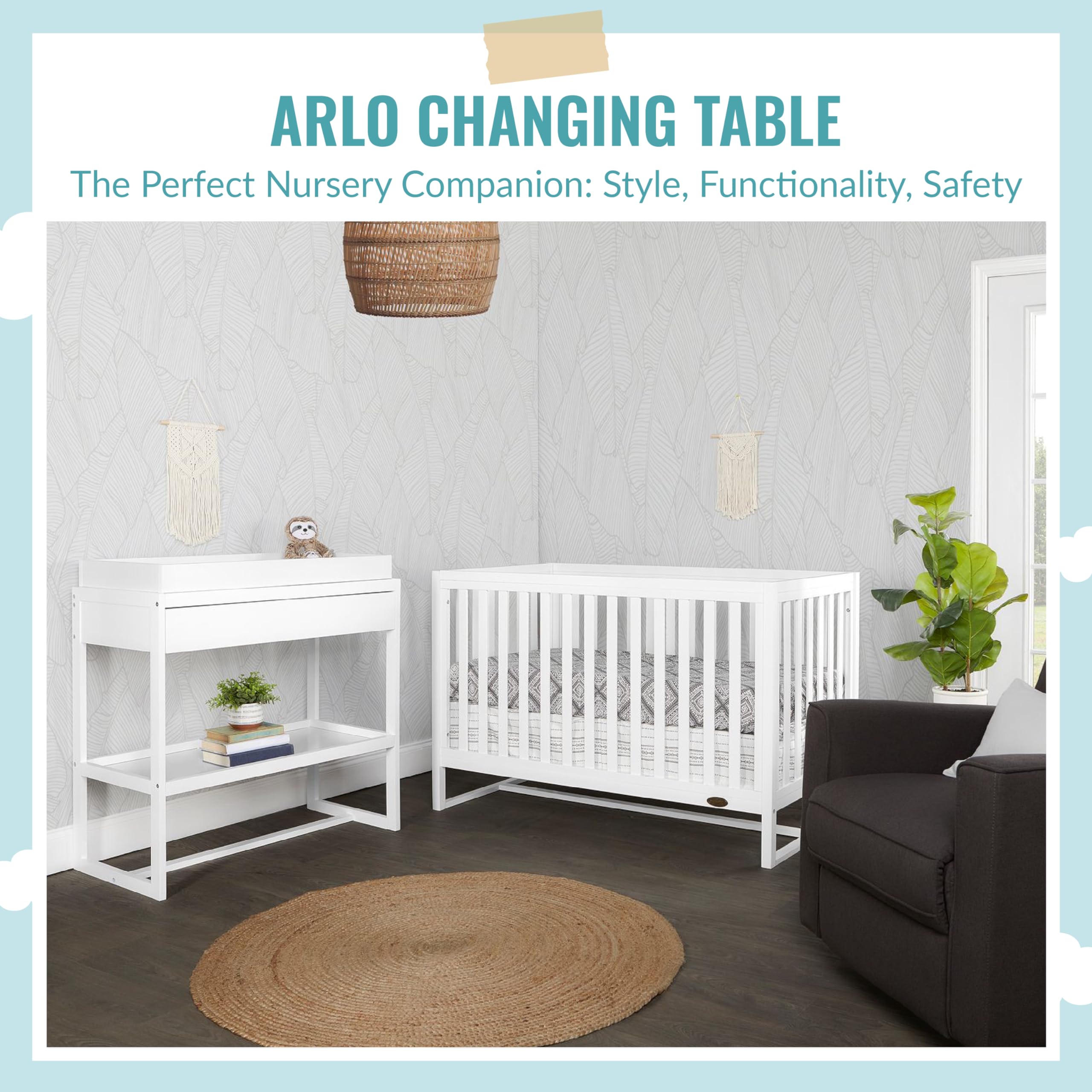 Dream On Me Arlo White Changing Table - Solid New Zealand Pinewood, Non-Toxic Finish with Waterproof Mattress Pad & Safety Strap - Perfect for Nursery, Baby Room & Gift Registry