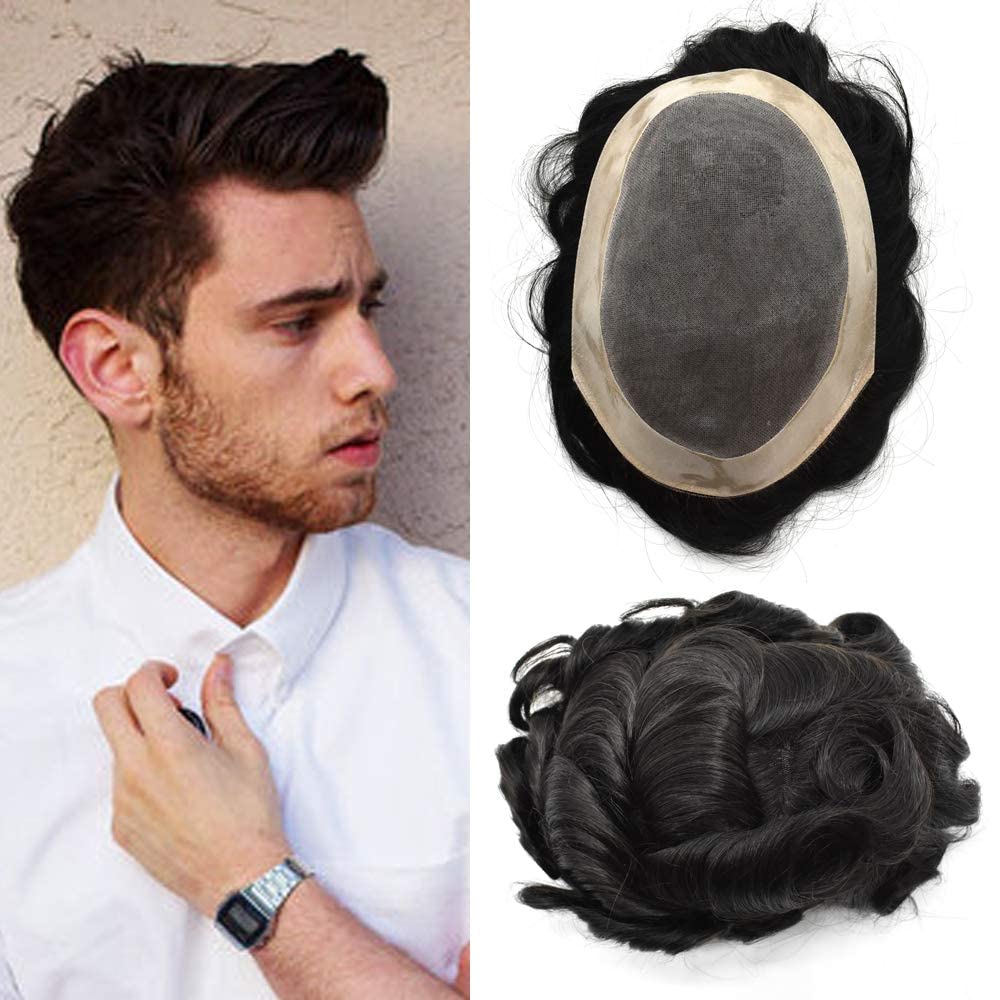 Premium Men's Toupee Hair System - 100% Human Hair, Durable Fine Mono Lace with PU Poly Skin - Medium Density (6