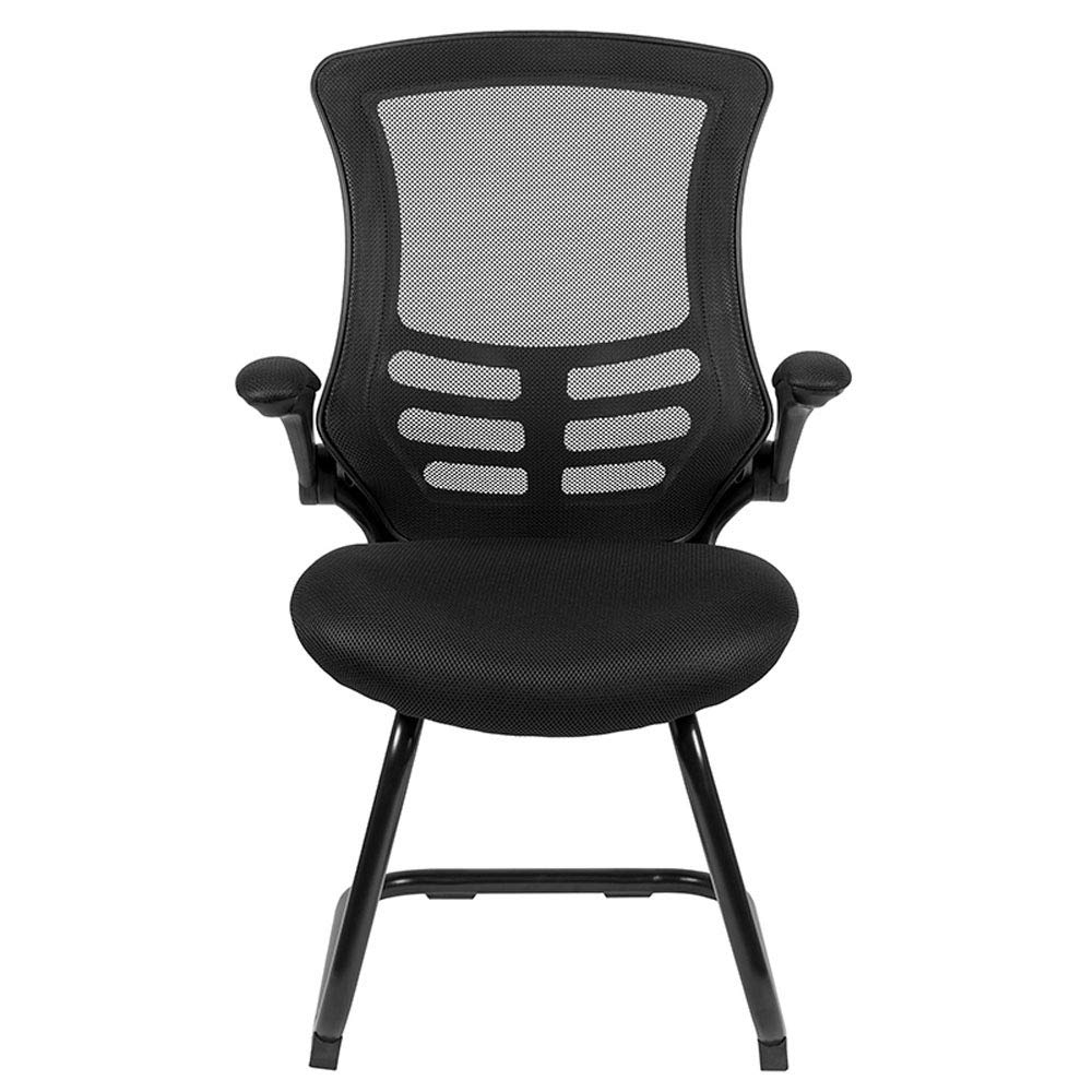 Flash Furniture Kelista Black Mesh Sled Base Side Reception Chair with Flip-Up Arms - Ergonomic Office Guest Seating for Lobby, Waiting Room & Conference Areas