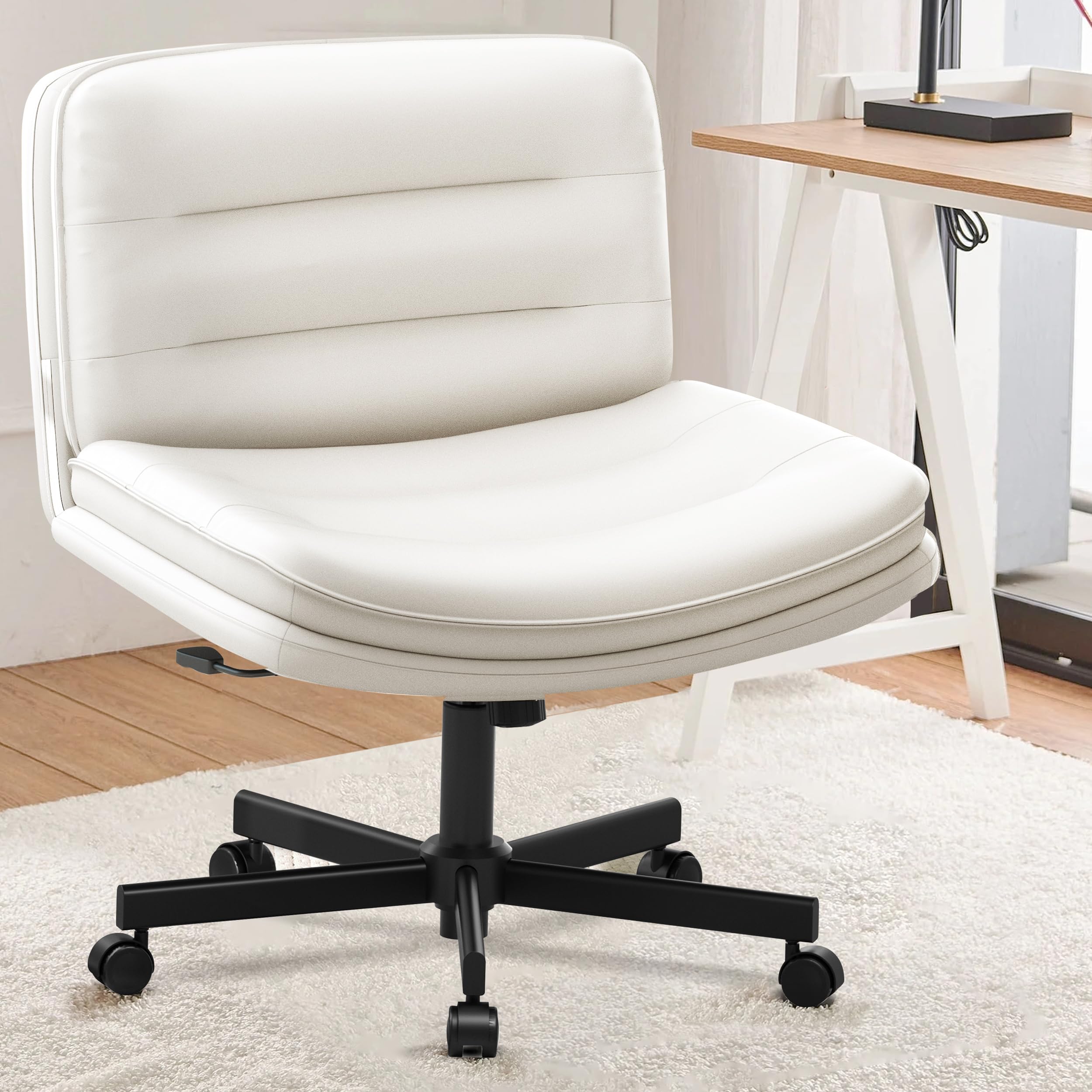 GTRACING Criss Cross Chair with Wheels - Adjustable Ergonomic Office Chair for Cross Legged Sitting, Large Seat & Back Support, PU Leather, Height Adjustable (Beige) - Perfect for Home Office, Gaming, Vanity Makeup & Meditation