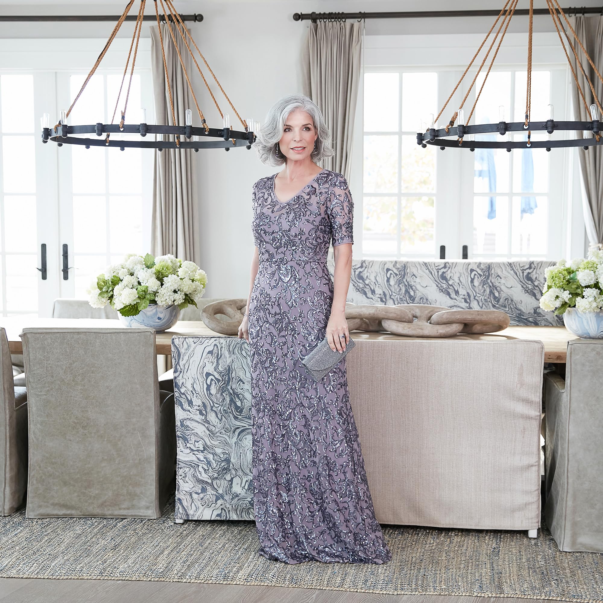 Alex Evenings Women's Long A-Line Sequin Lace V-Neck Formal Dress - Mother of The Bride Gown, Wedding Guest Dress, Cocktail Party Evening Gown with Short Sleeves for Special Occasions & Black Tie Events