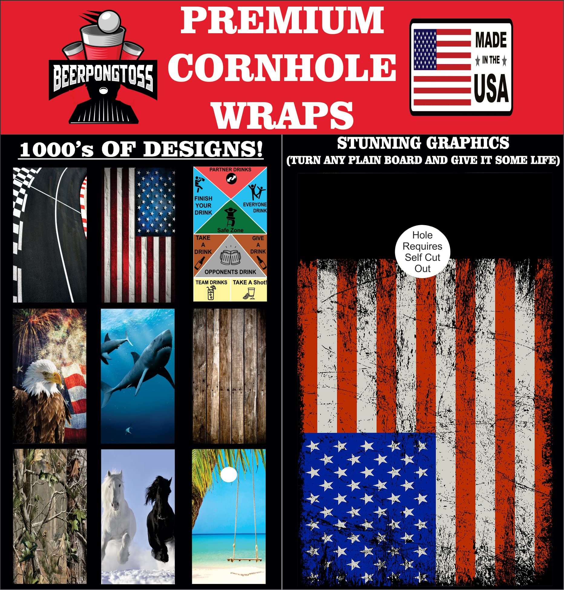 Premium Cornhole Board Wraps Set of 2 - 20+ Custom Designs for Cornhole Decals & Bean Bag Toss Stickers - Waterproof Durable Vinyl Wraps for Outdoor Games, Tailgating, Backyard Parties & Family Gatherings