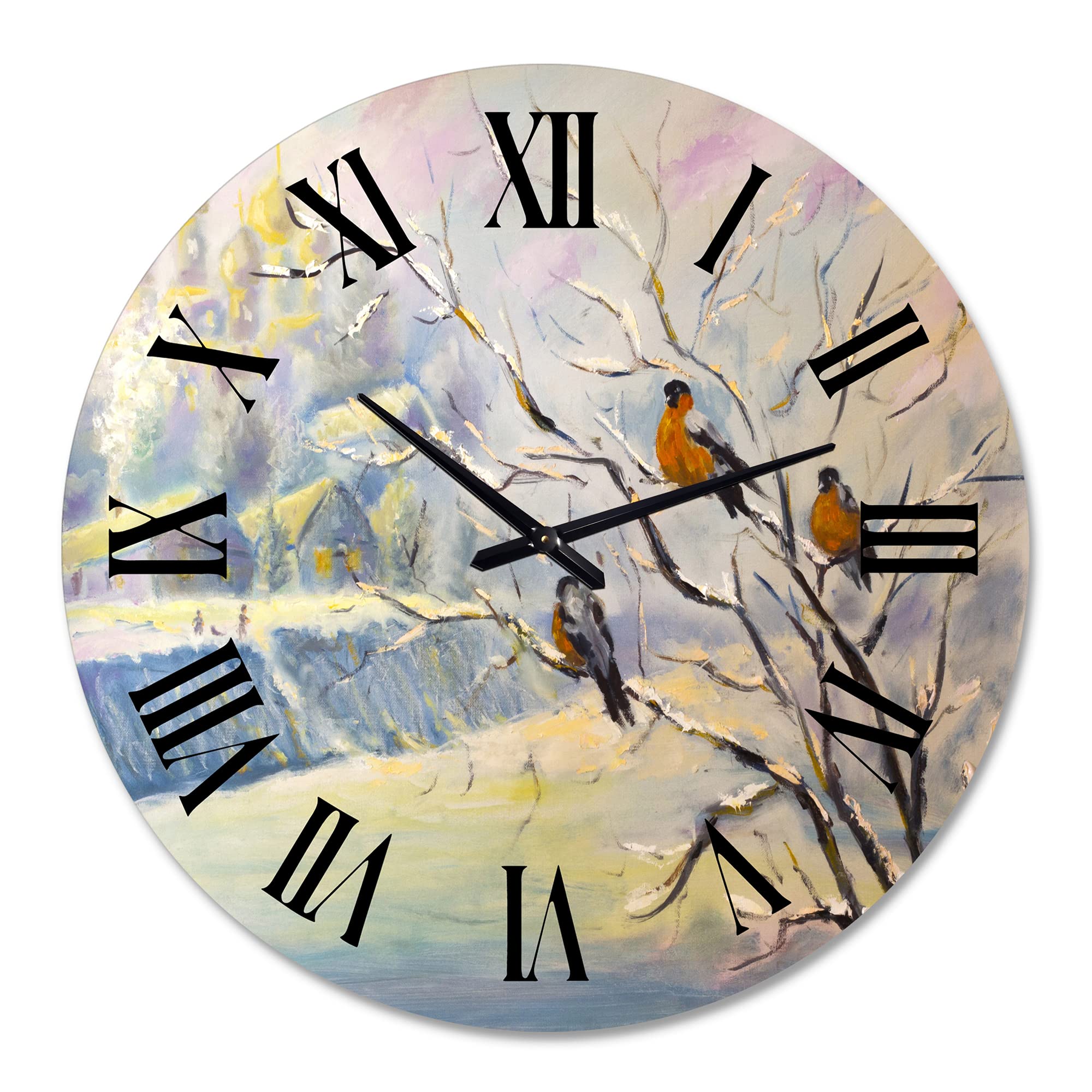 Farmhouse Wall Clock - Rustic Birds on a Tree in Winter Village - Large Decorative Clock for Kitchen, Living Room, Bedroom - Perfect for Home, Office & Cabin Decor