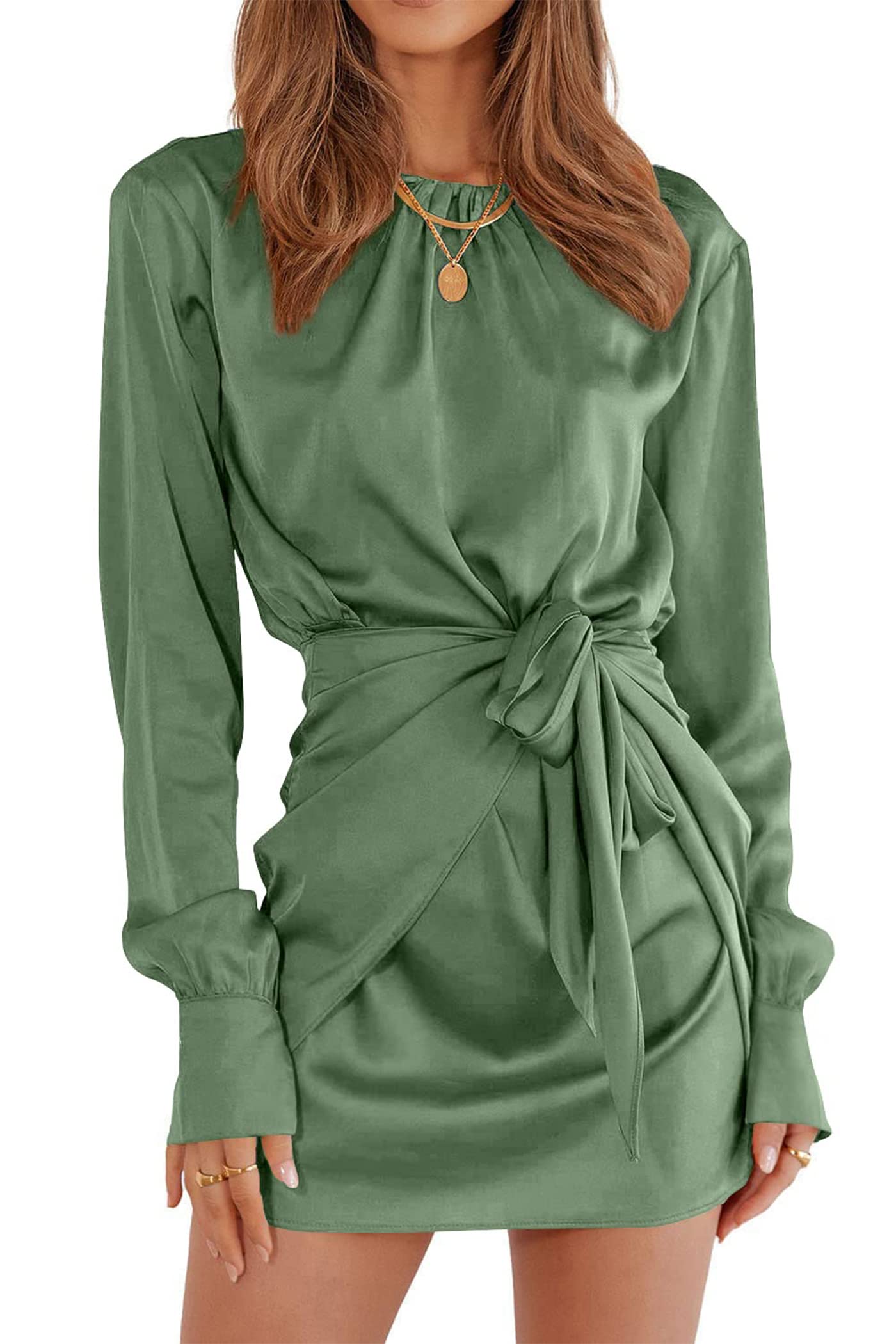 PRETTYGARDEN Women's Elegant Satin Cocktail Dress - Long Sleeve Tie Waist Mini Dress for Spring & Fall - Perfect for Party, Wedding Guest, Date Night & Special Occasions