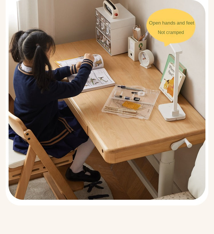 Beech Solid Wood Adjustable Height Kids Study Desk with Hand Crank Lift - Perfect for Homeschooling, Online Learning & Children's Homework Station