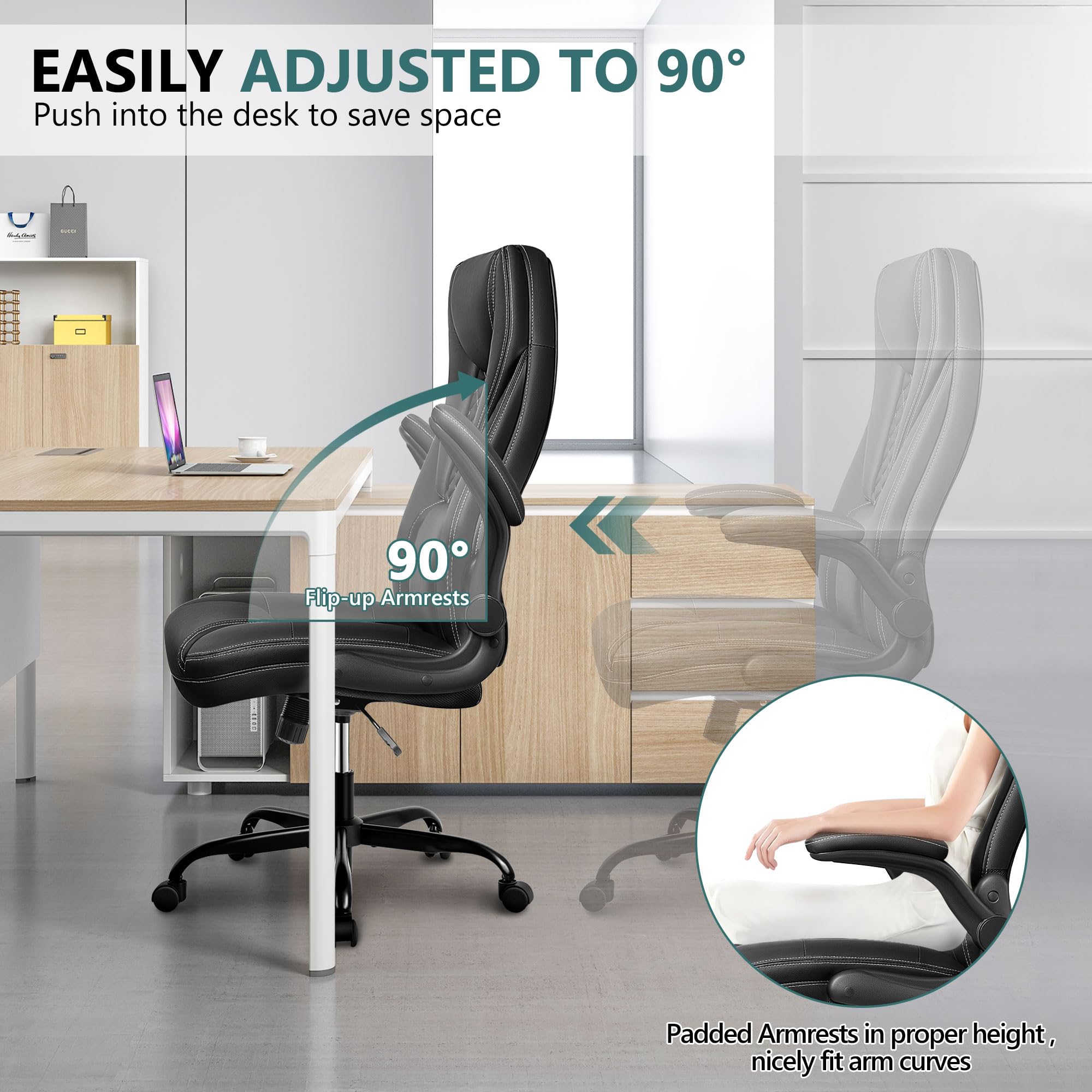 Ergonomic Big and Tall Executive Office Chair - High Back Leather Desk Chair with Lumbar Support & Adjustable Flip-Up Arms - Perfect for Home Office, Gaming, and Computer Work (Black)