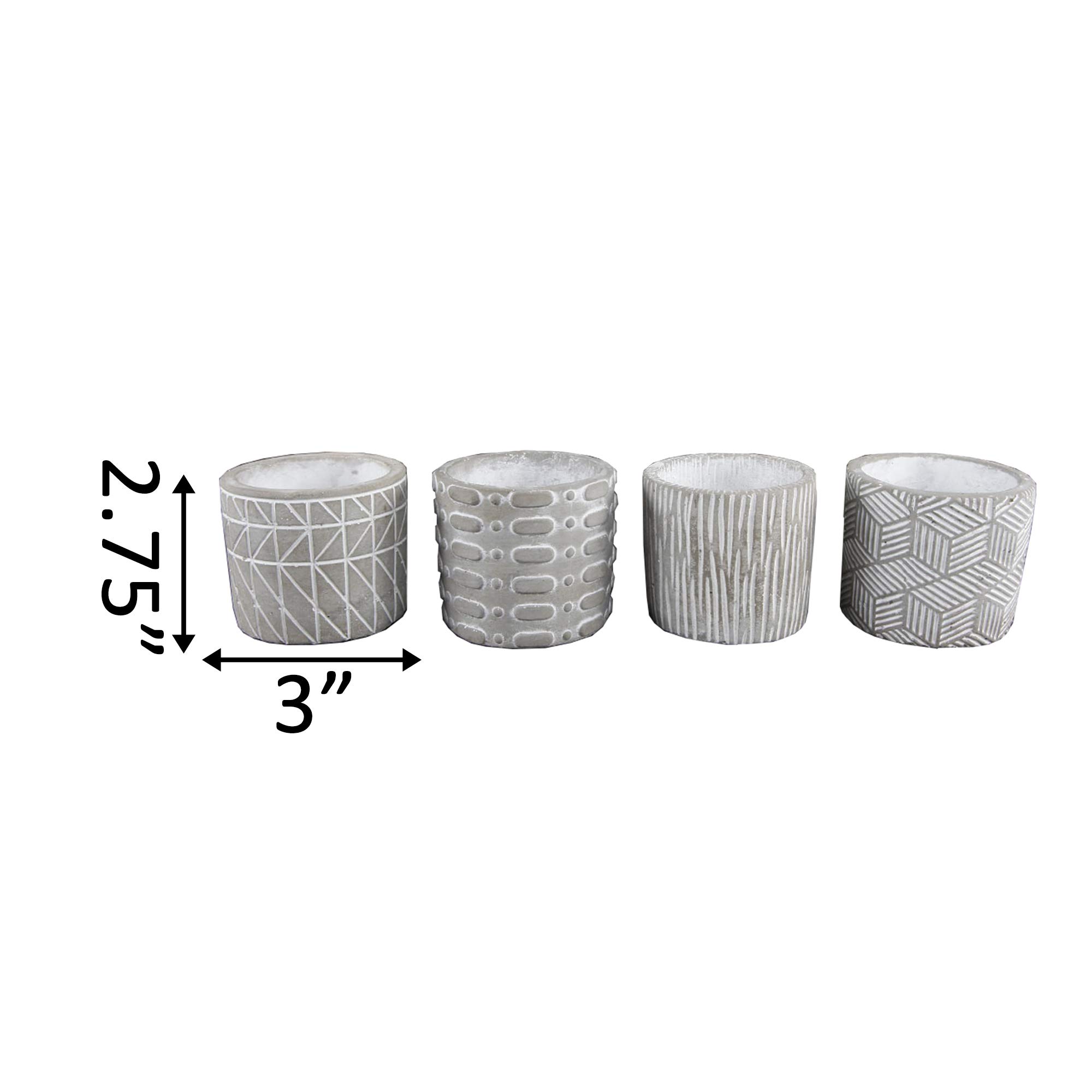Flora Bunda Set of 4 Textured Cement Plant Pots with 4 Unique Patterns - Perfect for Indoor Succulents, Herbs, and Home Decor