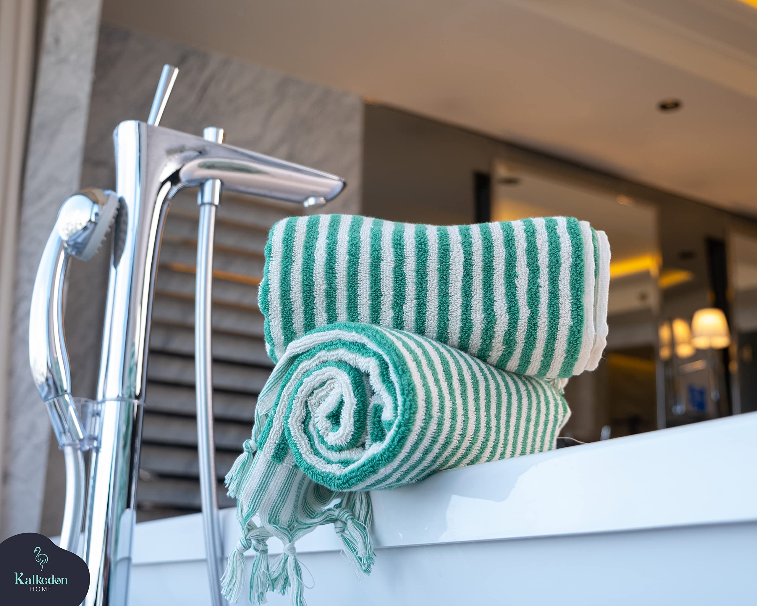 Premium Organic Turkish Cotton Striped Bath and Hand Towels Set of 2 | Ultra Soft, Plush & Highly Absorbent | Luxury Bathroom Towels for Spa, Guest Room & Beach Use (Benetton Green)