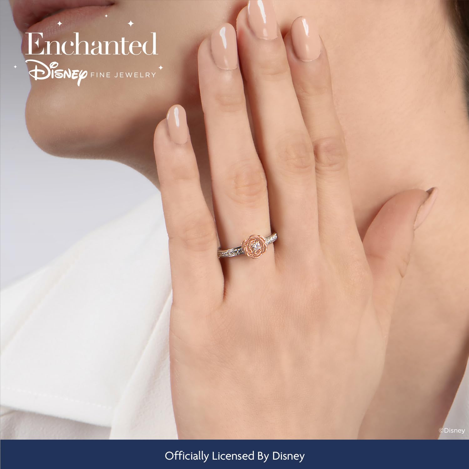 Enchanted Disney Belle Rose Ring - Sterling Silver & 10K Rose Gold with 1/5 Cttw Diamond | Fine Jewelry for Women | Perfect Gift for Disney Fans, Birthdays & Anniversaries