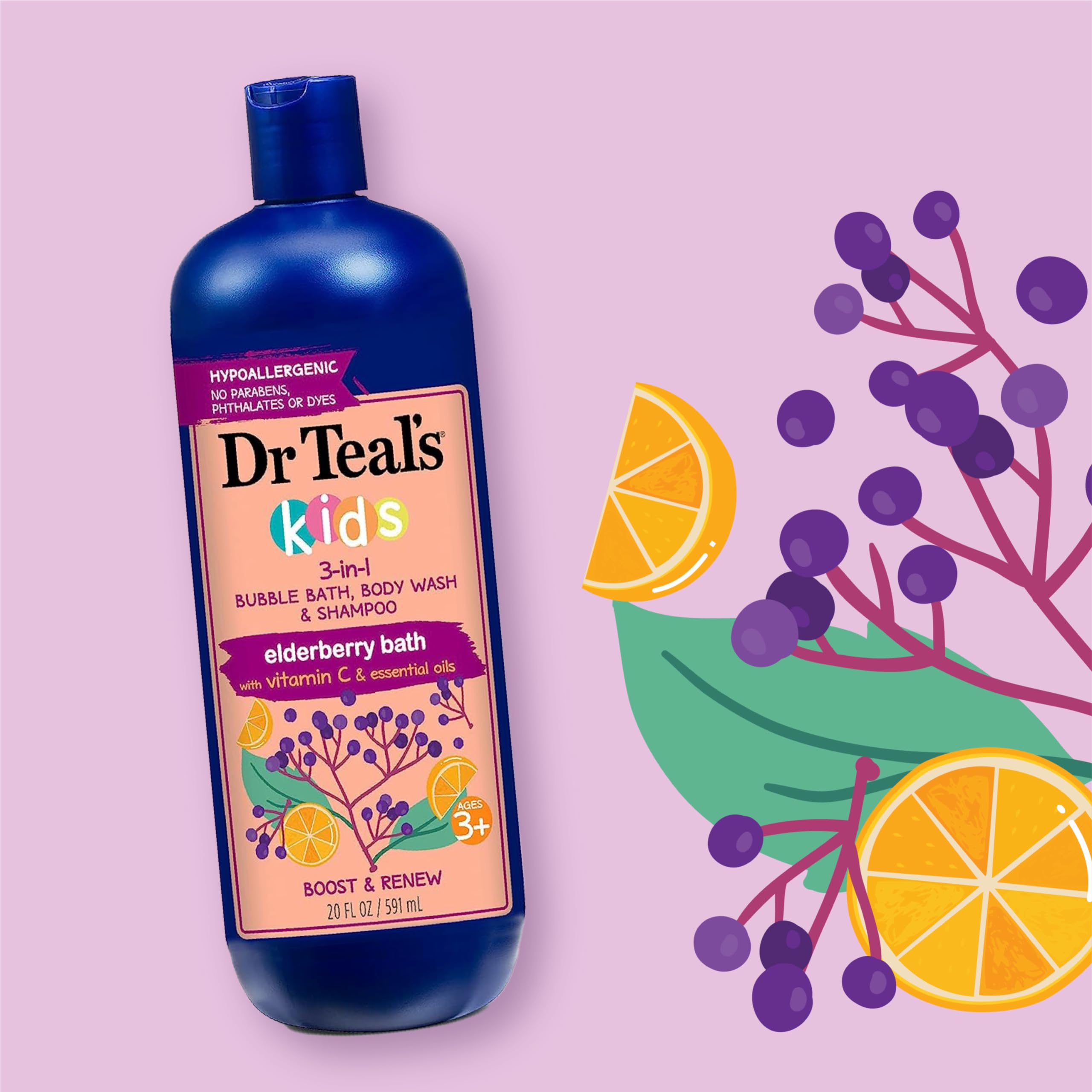 Dr Teal's Kids 3-in-1 Bubble Bath, Body Wash & Shampoo with Melatonin & Essential Oils | Elderberry & Vitamin C for Relaxation & Renewal | Gentle Cleansing for Bedtime, Playtime & Daily Baths