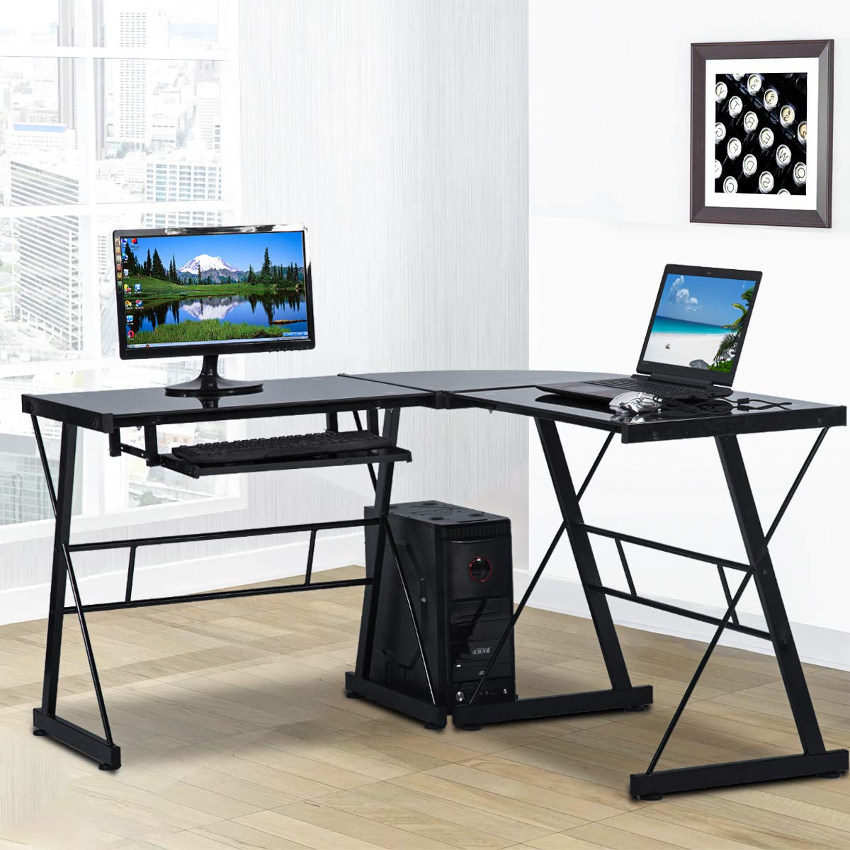 Modern L-Shaped Corner Computer Desk with Keyboard Tray & CPU Stand - 3-Piece Tempered Glass Gaming & Office Workstation for Home, Study, Writing - Black | Perfect for Small Spaces, PC Setup & Ergonomic Workspace