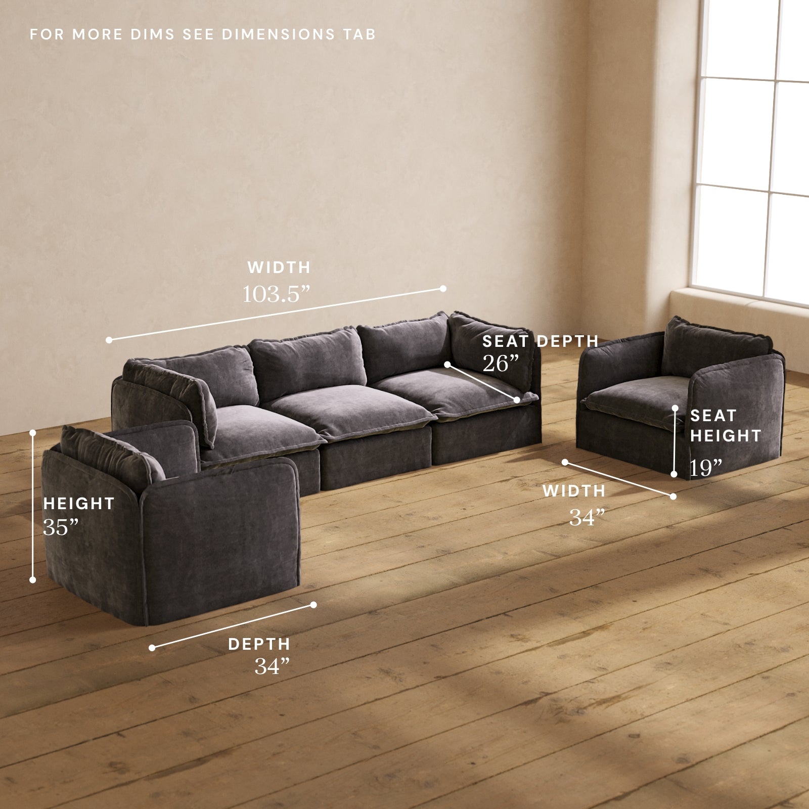 Modular Performance 3-Seater Sofa & Armchair Set in Cinder | Relaxed Blend Fabric | Modern Living Room Furniture for Home Theater & Family Gatherings