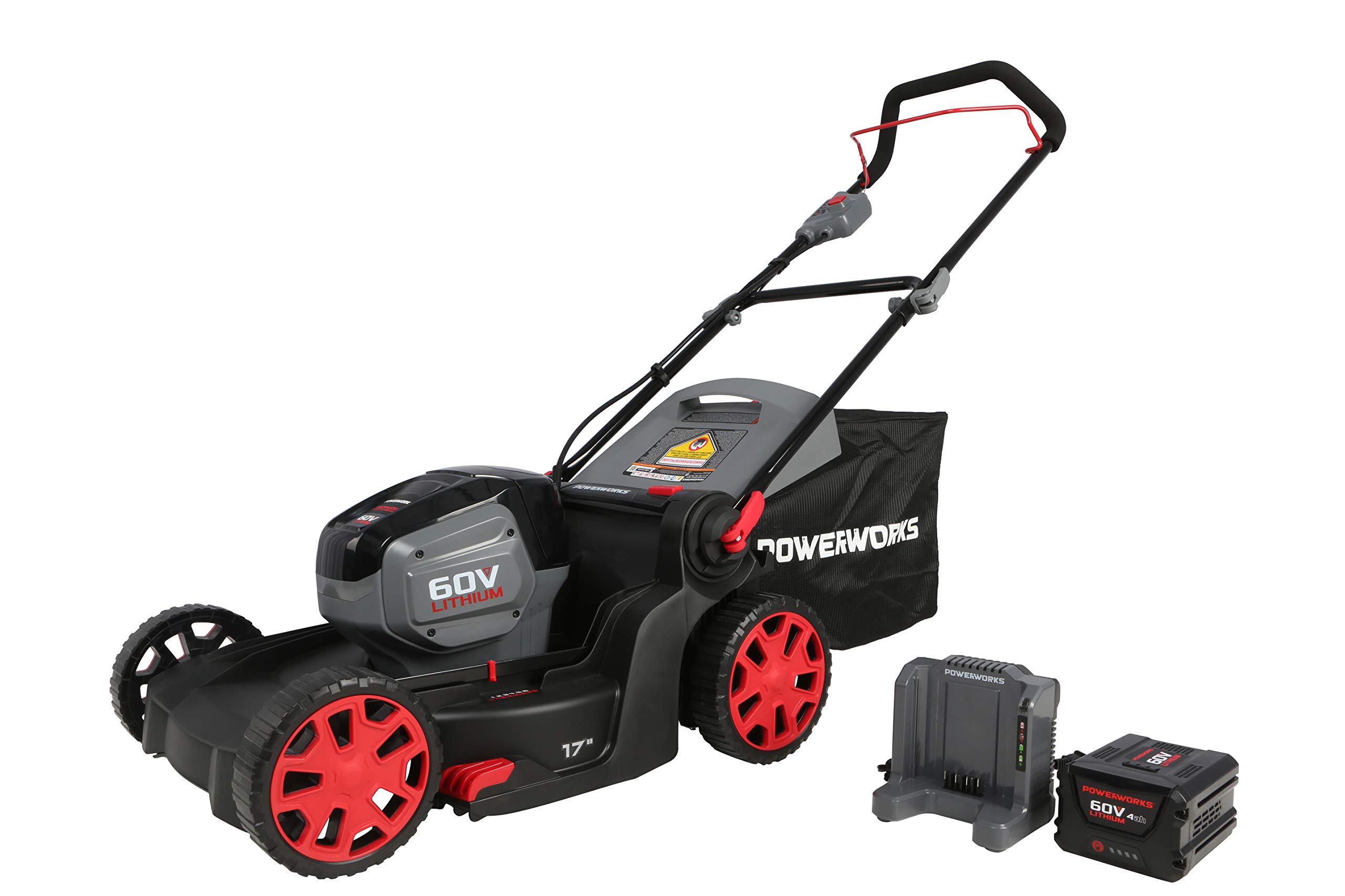 **POWERWORKS 60V 17-Inch Brushless Cordless Lawn Mower with 4Ah Battery & Fast Charger Included - MO60L414PW (Black & Red) - Ideal for Medium to Large Yards, Quiet & Eco-Friendly Lawn Care**
