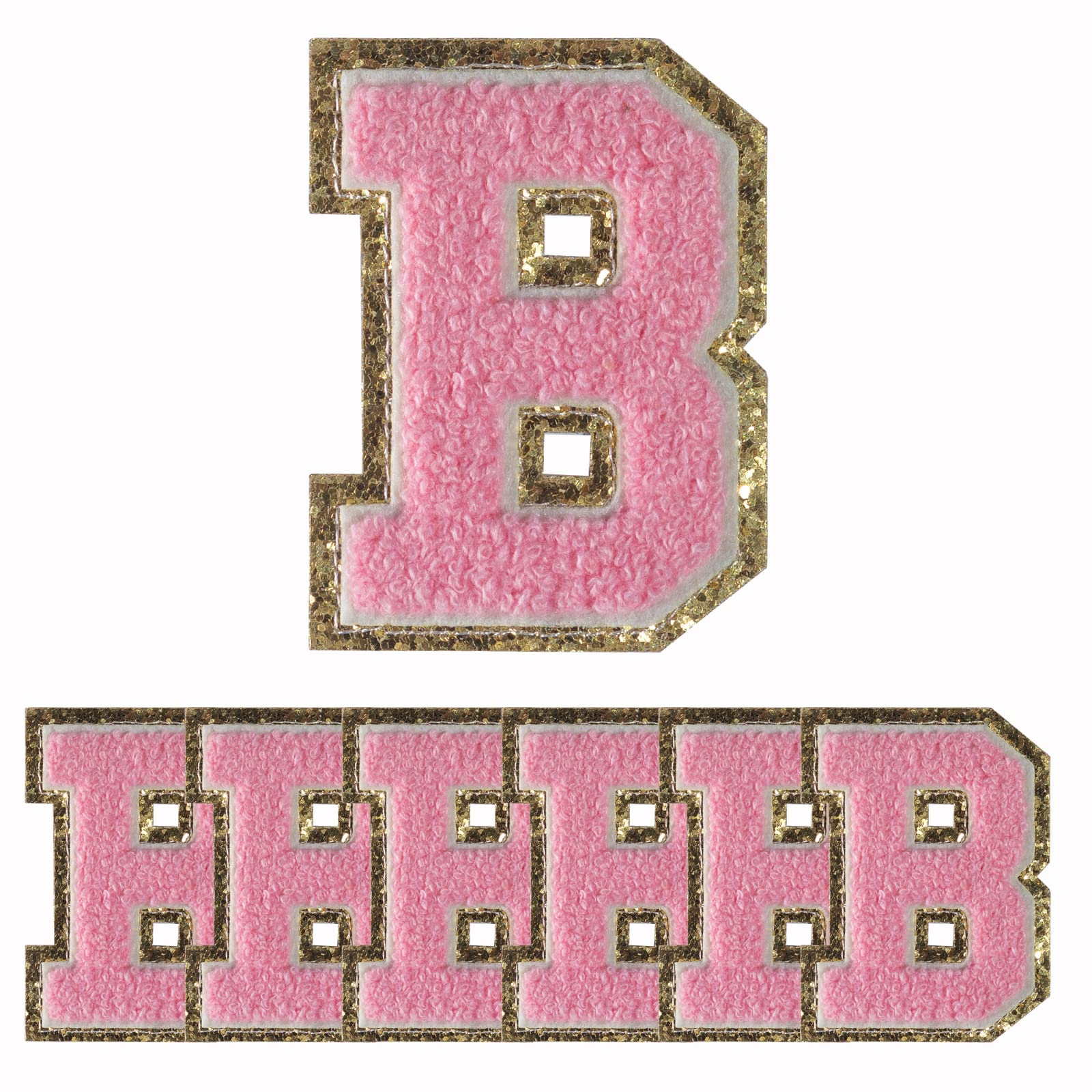 6 PCS Pink Gold Glitter Chenille Letter Patches - Embroidered Iron On Letters for Hats, Shirts, Shoes, Jeans & Bags (3.1in Height Letter B) - Perfect for DIY Crafts, Custom Apparel & Personalized Gifts