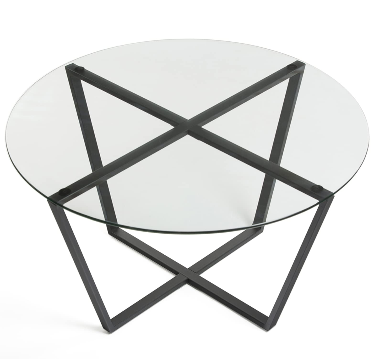 Modern Mango Wood Round Glass Coffee Table with Steam Bent Legs - Clear Tempered Glass Top & Black Metal Base for Living Room, Dining Room, Office - Perfect for Small Spaces, Lounge Areas & Contemporary Home Decor
