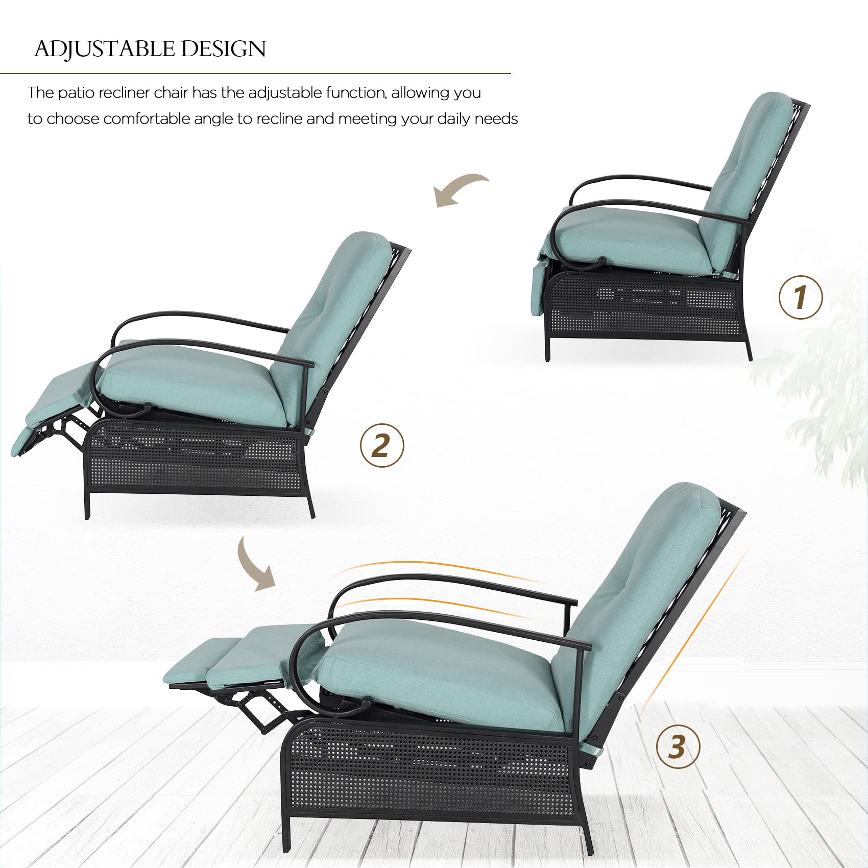 Ulax Adjustable Patio Recliner Chair Set of 2 - Outdoor Metal Reclining Lounge Chairs with Thick Cushions for Backyard, Poolside & Garden Relaxation