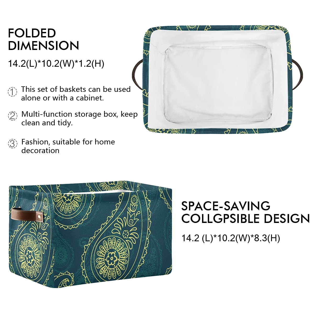 Paisley Pattern Foldable Fabric Storage Bins - Large Capacity Closet Organizers with Reinforced Handles | Perfect for Bedroom, Closet, Nursery & Office Organization