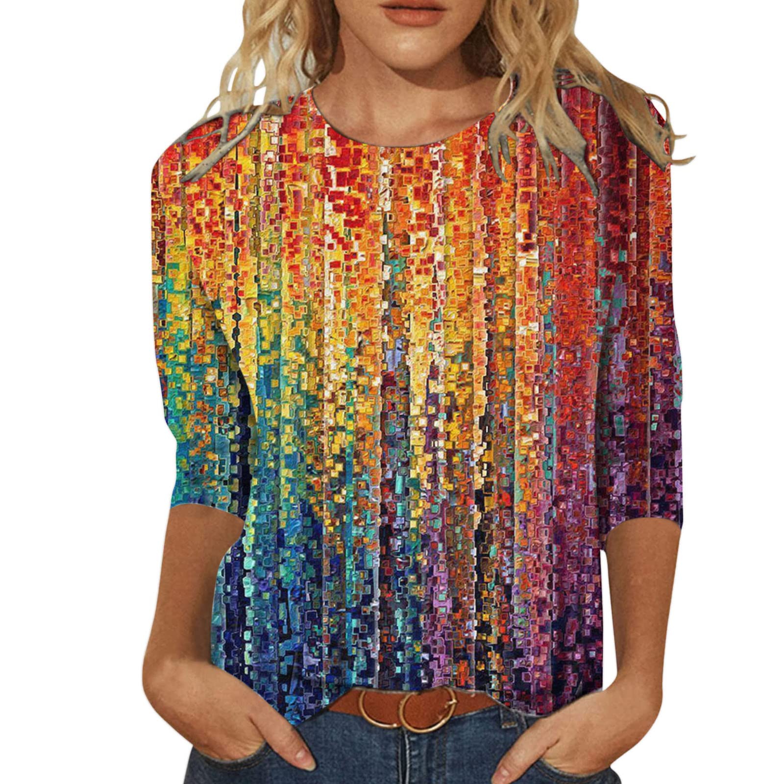 Women's 3/4 Sleeve Summer Blouses - Soft Crew Neck Pullover Tops for Casual & Dressy Occasions | Comfortable Loose Fit Printed Shirts for Work, Dating & Weekend Outings