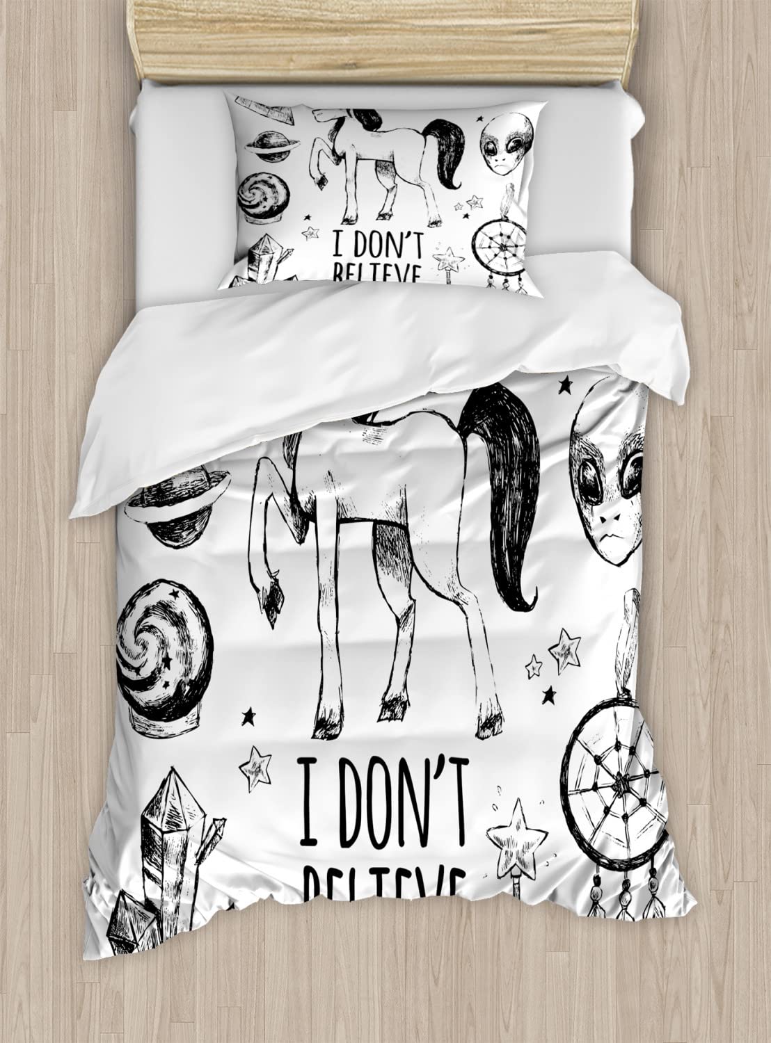 Ambesonne Unicorn Duvet Cover Set - 2 Pack Cal King Size Black, I Don't Believe in Humans Art with Pyramids Aliens Dreamcatcher Planets Grunge Print, Includes 2 Duvet Covers & 2 Pillowcases - Perfect for Kids' Bedroom, Fantasy Themed Decor, and Unique Gift Idea