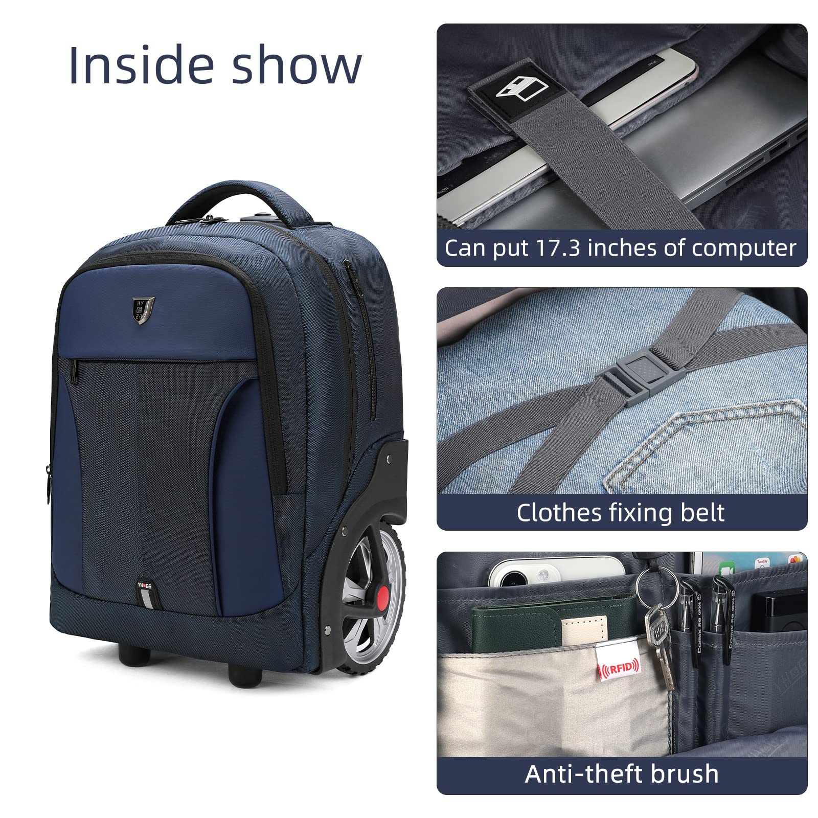 Waterproof Rolling Backpack with Wheels for Business Travel & Commuting - 20 Inch Wheeled Carry On Backpack with Laptop Compartment Fits 15.6 Inch Laptop - Durable Backpack for Adults, Women & Men (Blue) - Perfect for Air Travel, Daily Commute & Office Use