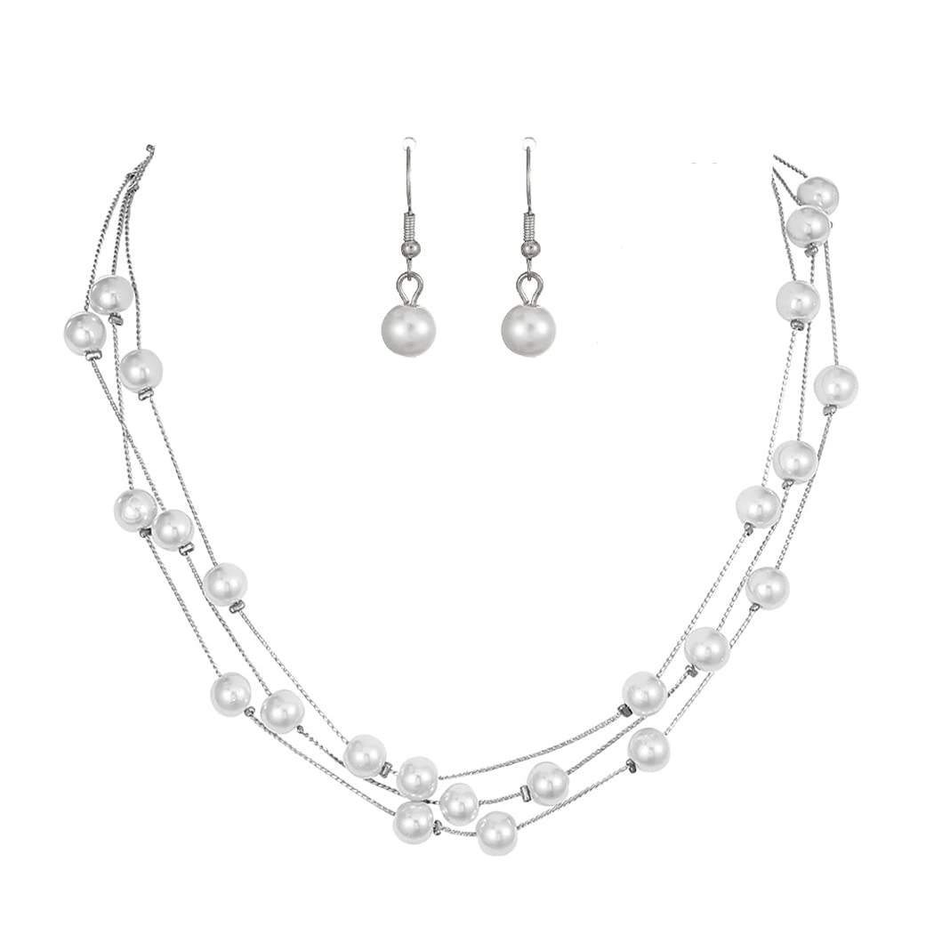 Simsly Gold Floating Pearl Necklace and Earring Set for Women - Layered Illusion Pearl Jewelry for Prom, Wedding, Party & Special Occasions (Silver)
