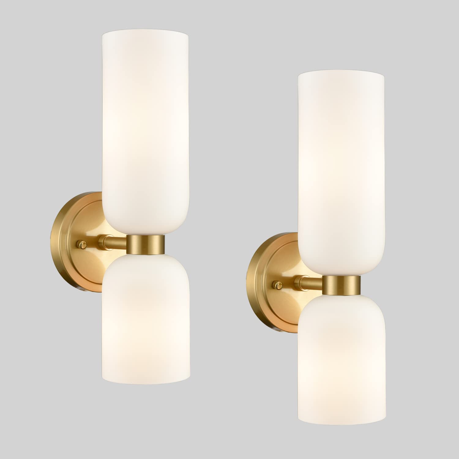 Modern Gold Wall Sconces Set of 2 - 2-Light Bathroom Vanity Lighting with Milky White Glass Shades - Perfect for Bathroom, Bedroom, and Hallway Decor