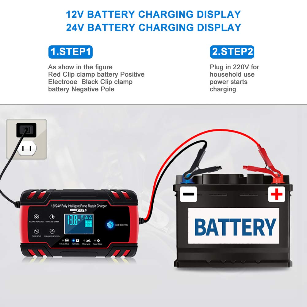 12V/8A 24V/4A Smart Car Battery Charger with LCD Display - Pulse Repair Trickle Charger for Automotive, Truck, Motorcycle, Lawn Mower, Boat & Marine Batteries - Perfect for Home Garage, Road Trips & Emergency Vehicle Maintenance