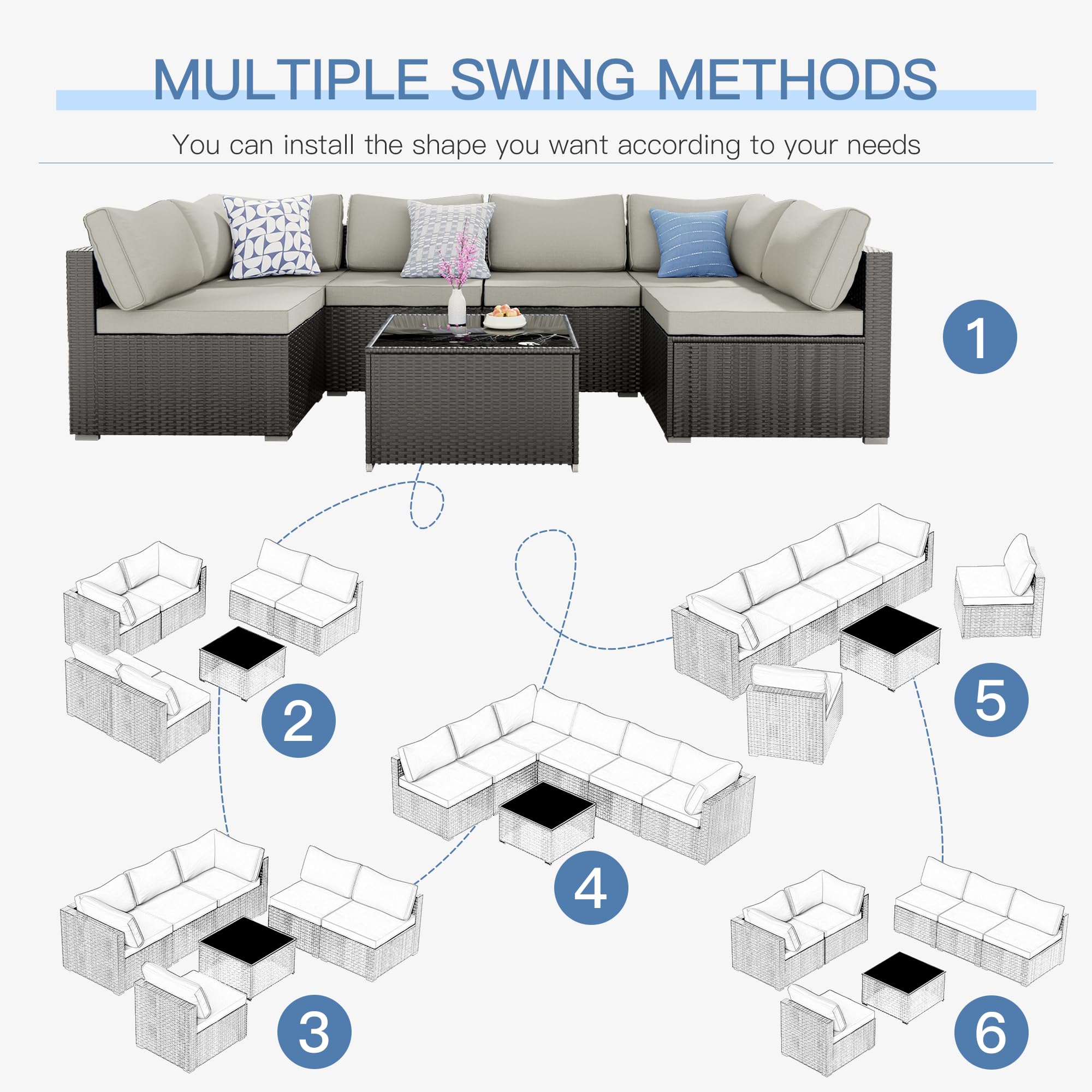7-Piece Skyfish Patio Furniture Set - Outdoor Wicker Rattan Sectional Sofa with Cushions & Glass Table, Modular Conversation Set for Porch, Poolside, Backyard, Garden or Deck (Weather-Resistant)