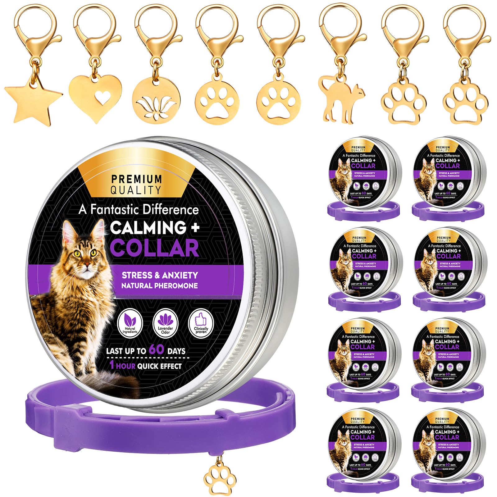 Silkfly 8 Pcs Adjustable Cat Calming Collar with 8 Pendant - Pheromone Collar for Kittens & Cats to Relieve Anxiety, Stress & Behavior Issues - Perfect for Travel, Vet Visits & Multi-Cat Households