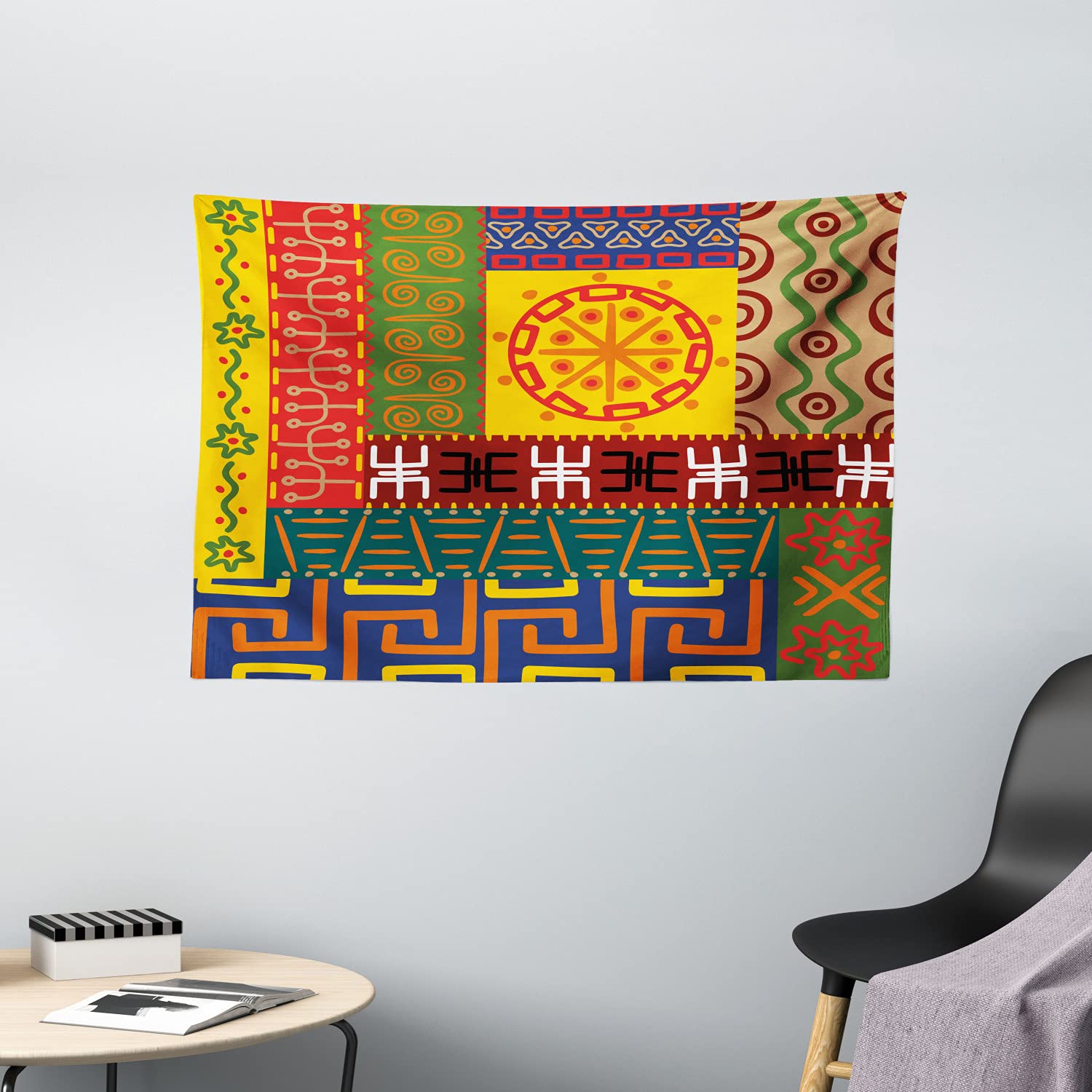 Ambesonne Prehistoric Tapestry - Abstract Tribal Wall Art with Indigenous Patterns, 60x40 Inch Yellow Green Wall Hanging for Bedroom, Living Room, Dorm Decor | Perfect for Boho Home Decor, Meditation Spaces & Unique Gift Ideas