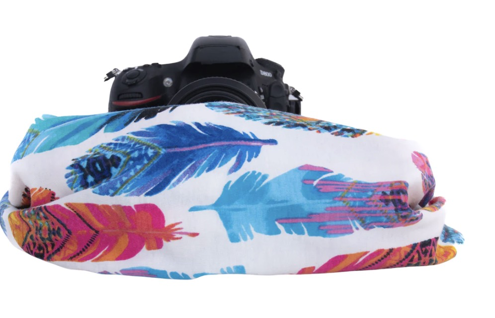 Capturing Couture Pocket Scarf Strap with Hope Feathers - Fashionable Camera Accessory for Travel & Photography Enthusiasts