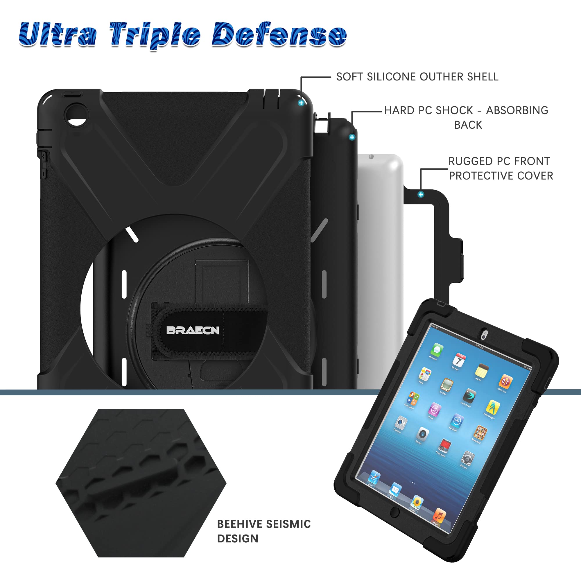 BRAECN Shockproof Protective Case for Apple iPad 2/3/4 (9.7 Inch) with Screen Protector, 360° Rotating Stand & Adjustable Hand/Shoulder Strap - Perfect for Kids, Travel, School & Home Use - Black (Model A1458)