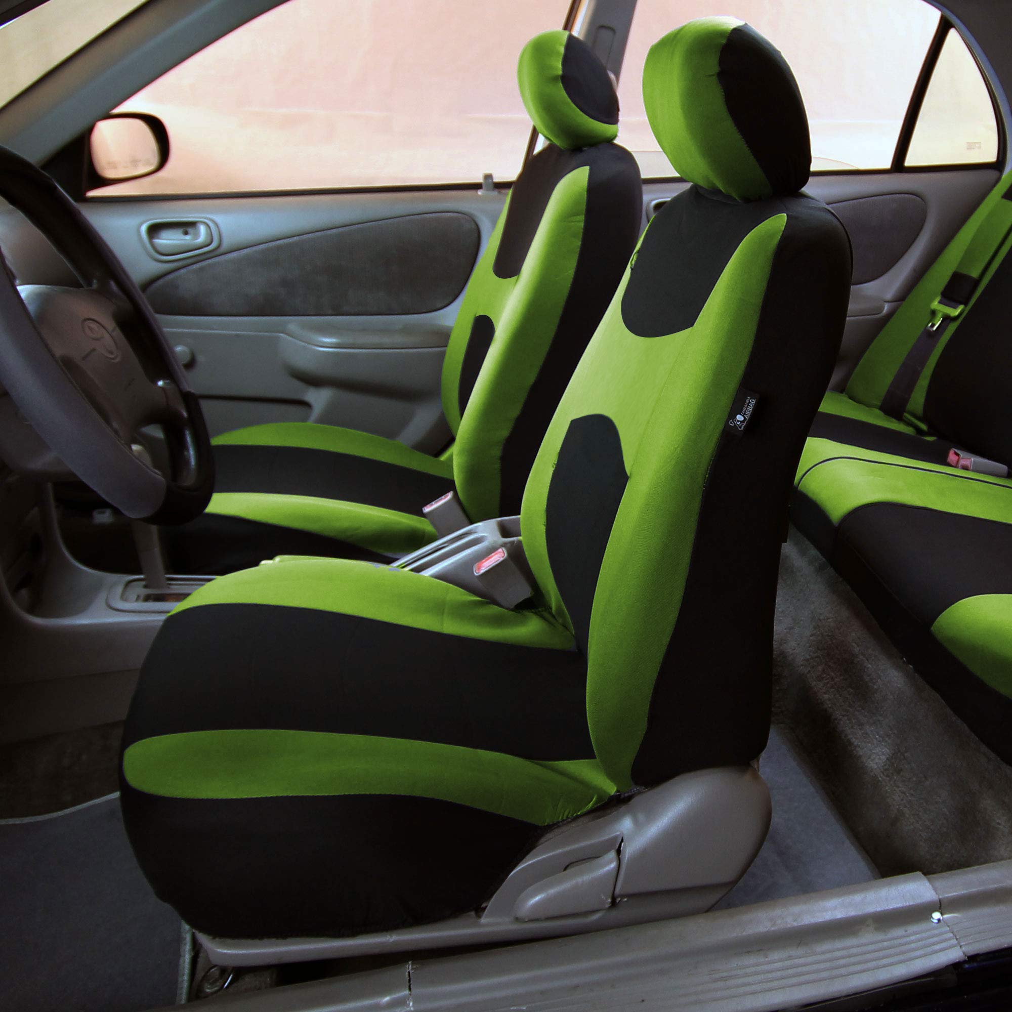 FH Group Light & Breezy Cloth Car Seat Covers - 7 Seater 3-Row Universal Fit for Cars, Trucks & SUVs - Airbag & Split Bench Compatible - Green/Black - Perfect for Family Road Trips & Daily Commutes