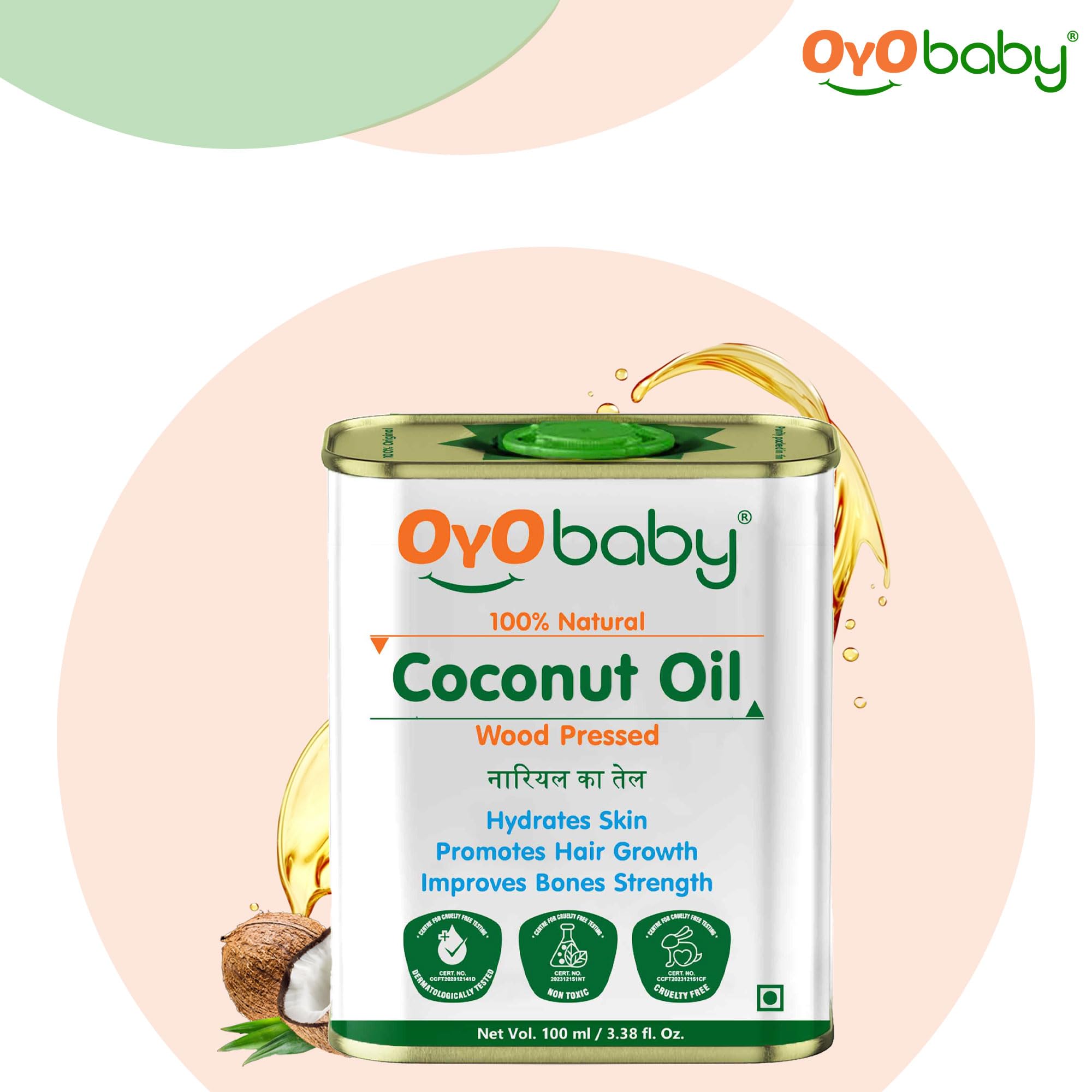 OYO BABY Virgin Coconut Oil for Skin & Hair - 100% Pure Cold Pressed Organic Coconut Oil - 100ml - Perfect for Moisturizing, Hair Care & Massage