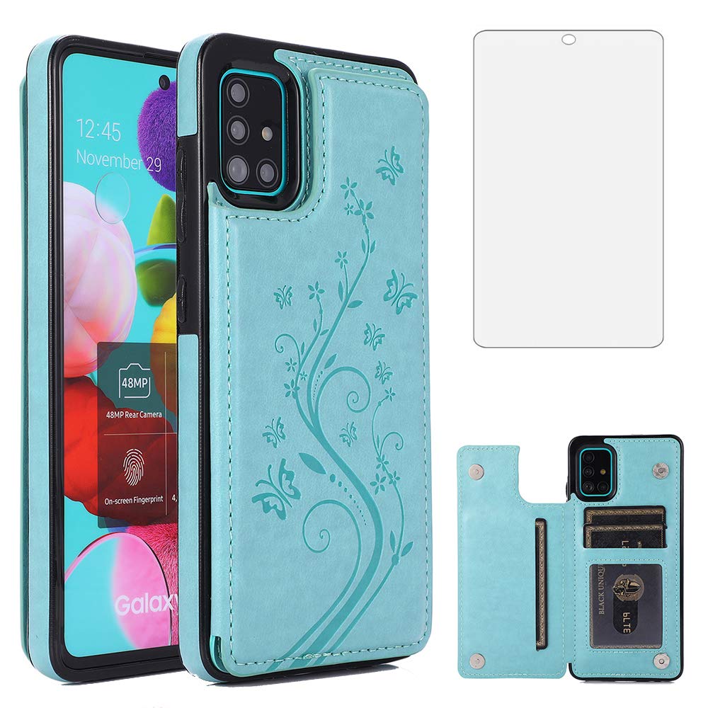 Premium Samsung Galaxy A51 4G Phone Case with Tempered Glass Screen Protector, Card Holder & Stand - Flip Leather Wallet Cover for Galaxy A51/A515F/M40S (Green) - Perfect for Daily Use, Travel & Business Meetings