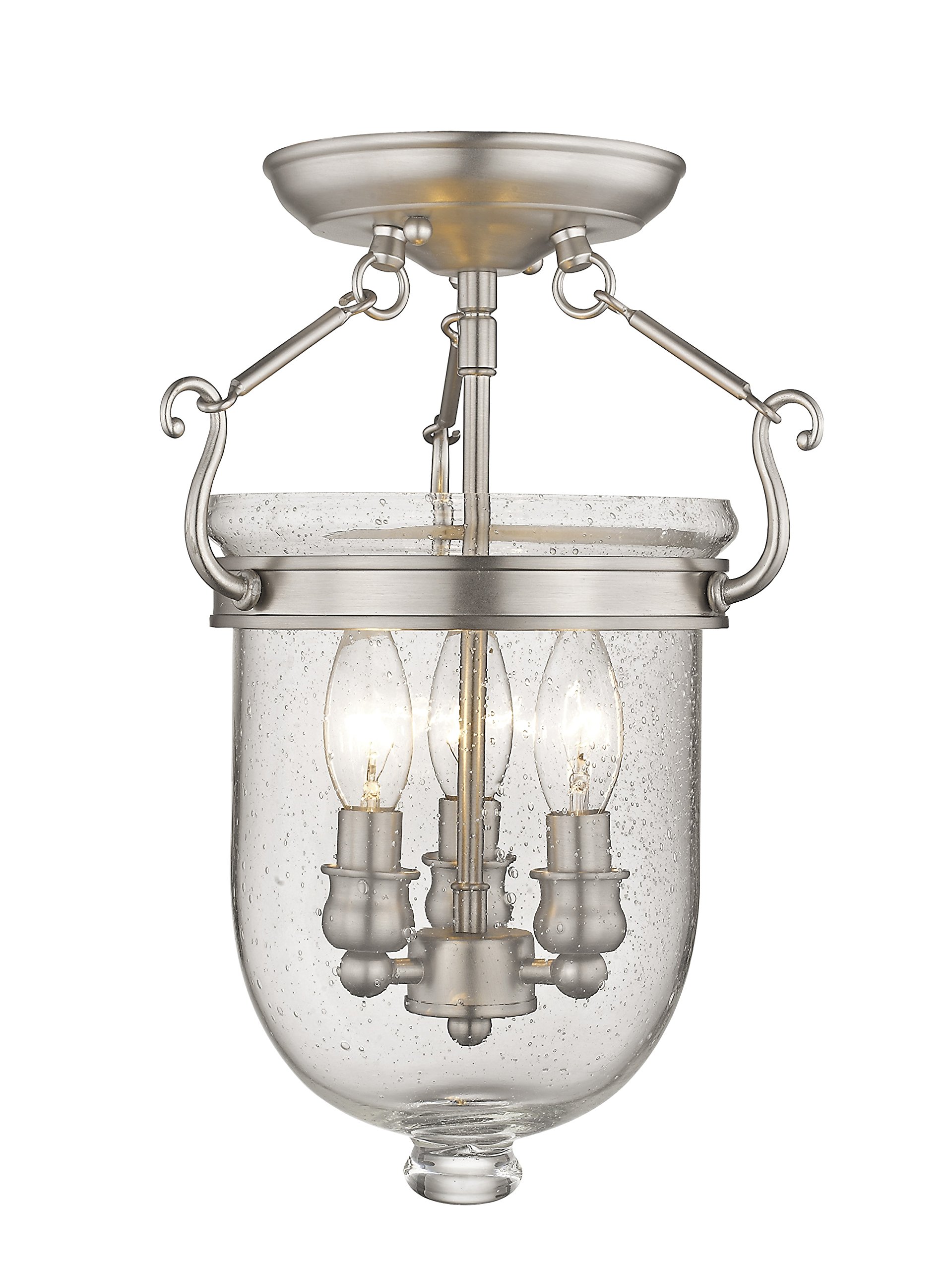 Livex Lighting Jefferson 3-Light Brushed Nickel Semi-Flush Mount Bell Jar Chandelier with Seeded Glass - Perfect for Dining Room, Bedroom, or Entryway Lighting