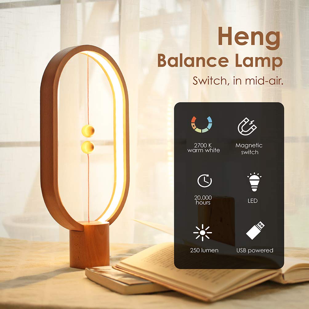Allocacoc Heng Balance LED Table Lamp - USB Powered, Mid-Air Switch, Warm Eye-Care Light, Contemporary Design with Real Wood Base (Oval) - Perfect for Home Office & Bedroom Nightstand