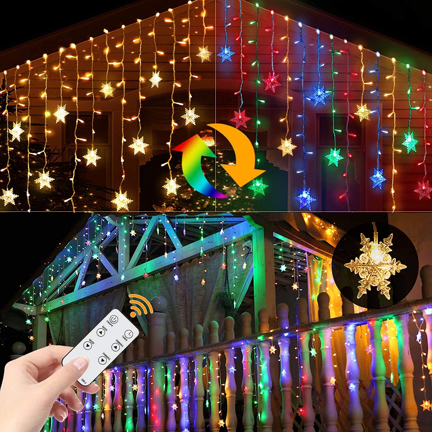 360 LED Outdoor String Lights - 30FT Waterproof Snowflake Icicle Lights with Remote Control & 8 Light Modes | Halloween Decorations, Party & Indoor/Outdoor House Decor (Colored) - Perfect for Backyard, Garden, Christmas, Wedding & Holiday Lighting