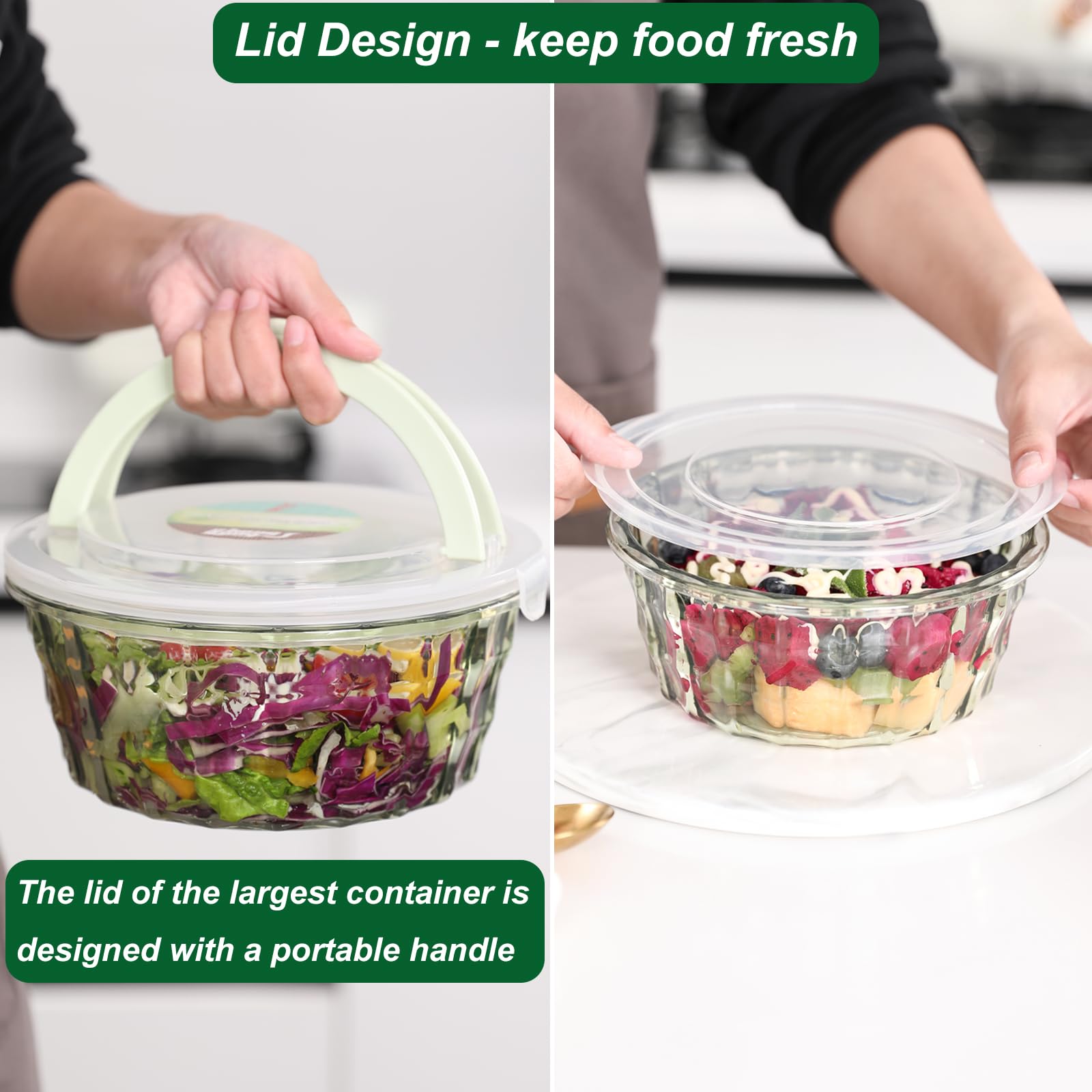 Taiuloo 3-Piece BPA-Free Plastic Salad Bowl Set with Lids & Handles - Microwave Safe Food Storage Containers for Meal Prep, Lunch, Picnics & Kitchen Organization (Pink)