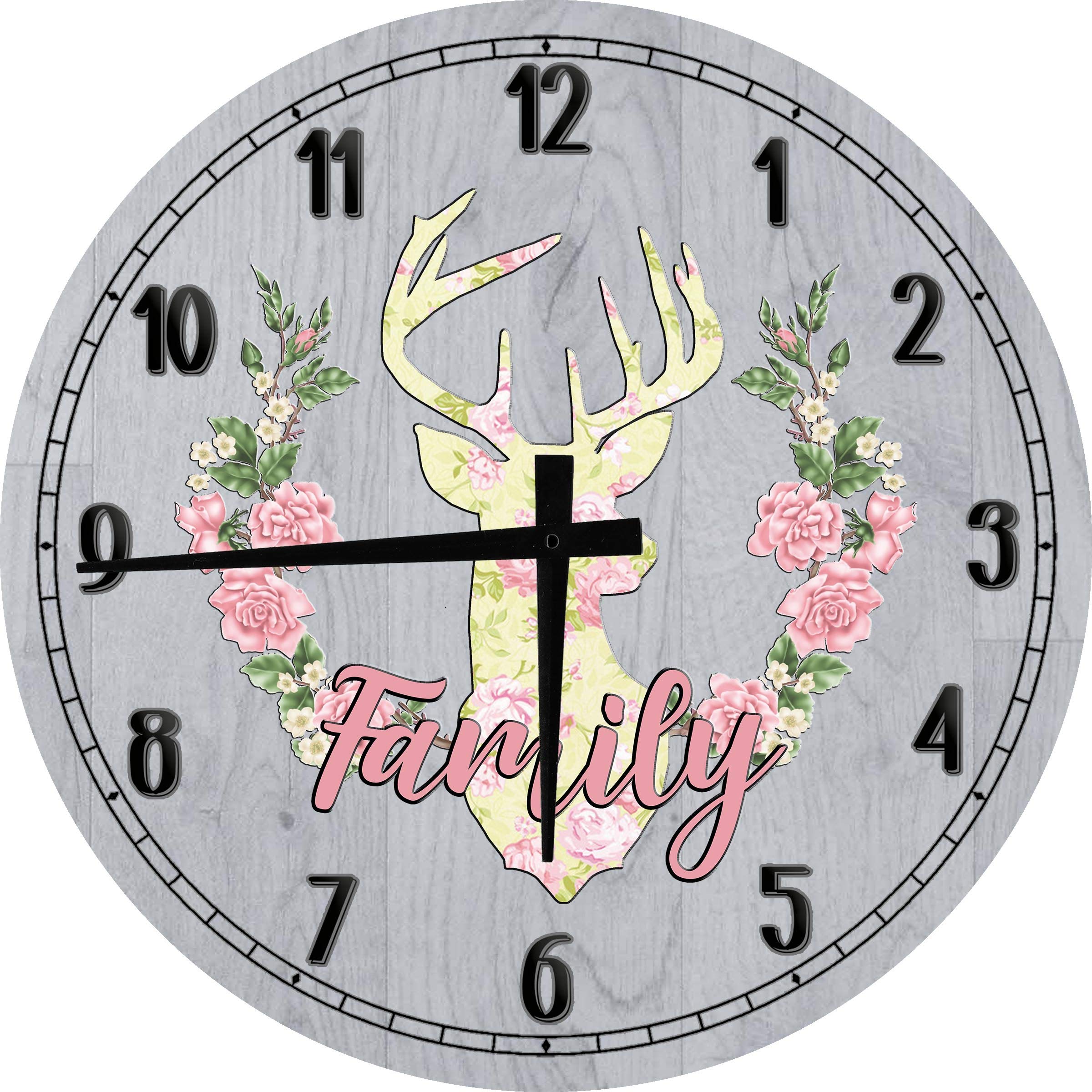 Boho Wall Art - Large 18 Inch Round Wood Wall Clock with Deer, Flower, and Reef Design in Gray - Perfect for Living Room, Bedroom, and Home Office Decor