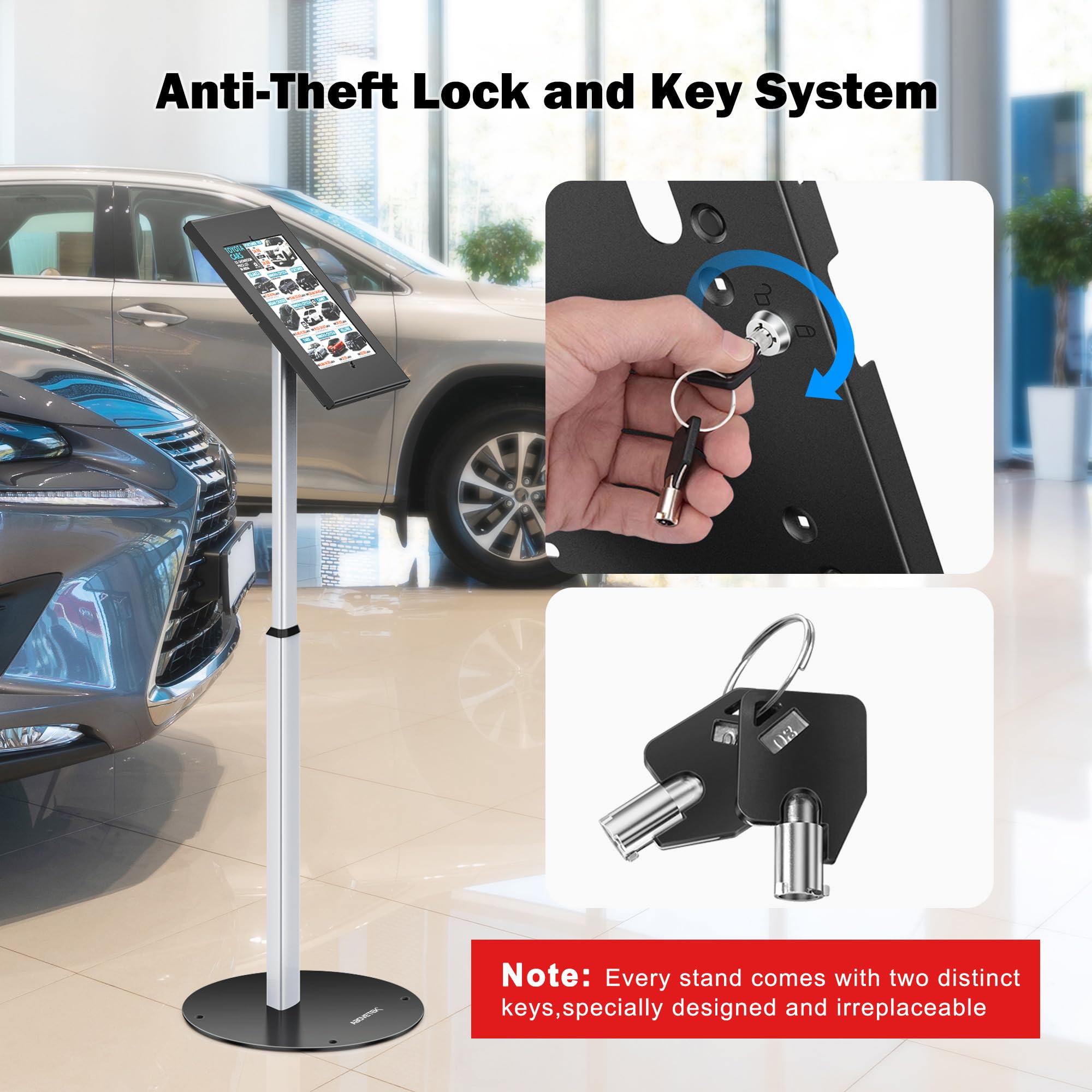 AboveTEK Anti-Theft iPad Floor Stand - Adjustable Secure Kiosk POS Tablet Holder with Lock & Key for iPad Air/Pro (Retail Business Use) - Perfect for Secure Tablet Displays in Stores, Restaurants, and Exhibitions