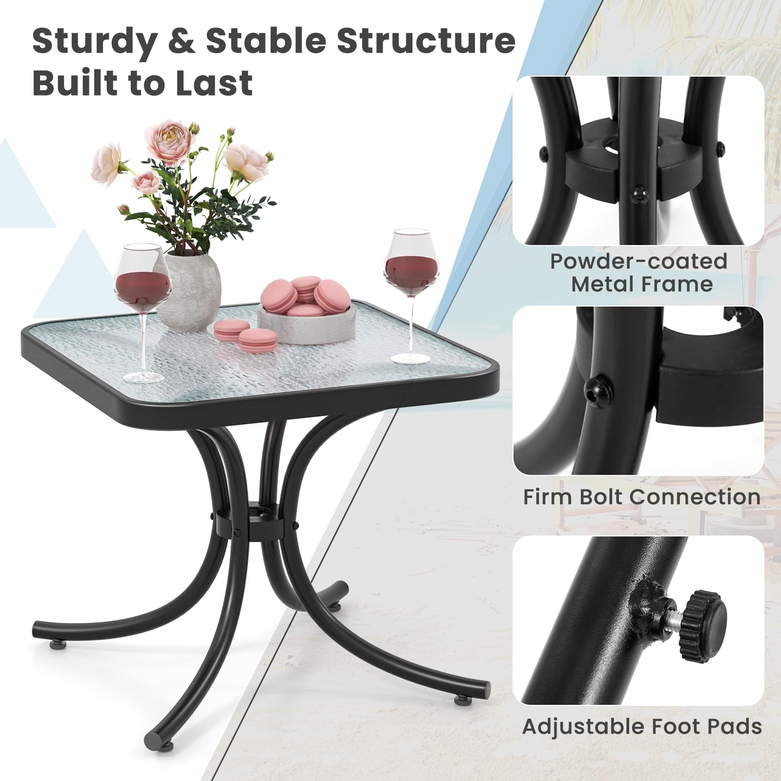Tangkula 20 Inch Outdoor Bistro Table - Steel Frame with Tempered Glass Top - Patio Side Table for Backyard, Garden, Lawn, Balcony - Perfect for Coffee, Drinks & Outdoor Dining (Black)