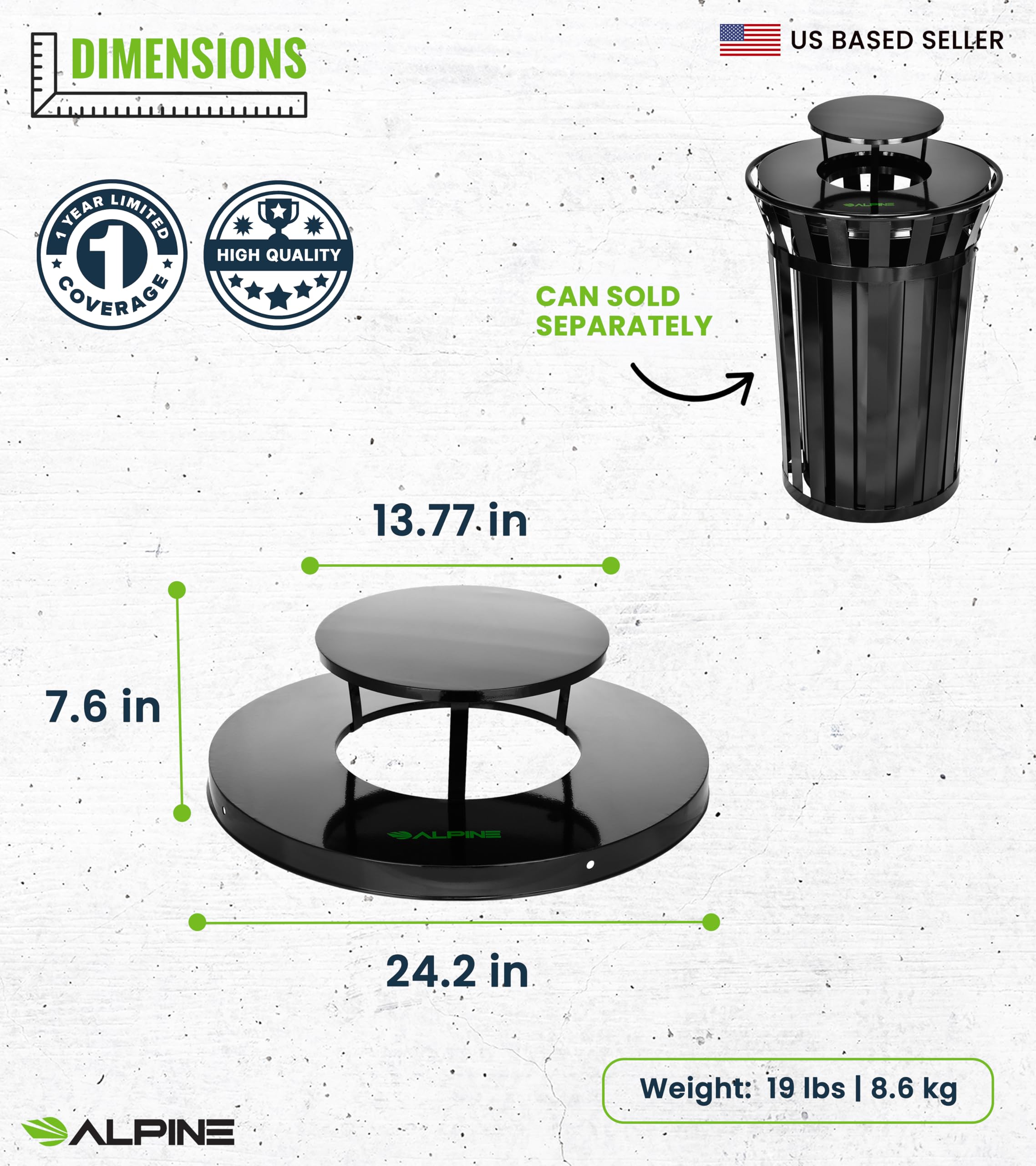 Alpine Commercial Outdoor Trash Can Lid - Durable Weatherproof Round Metal Garbage Can Cover for Rain Protection | Perfect for Parks, Restaurants & Outdoor Spaces